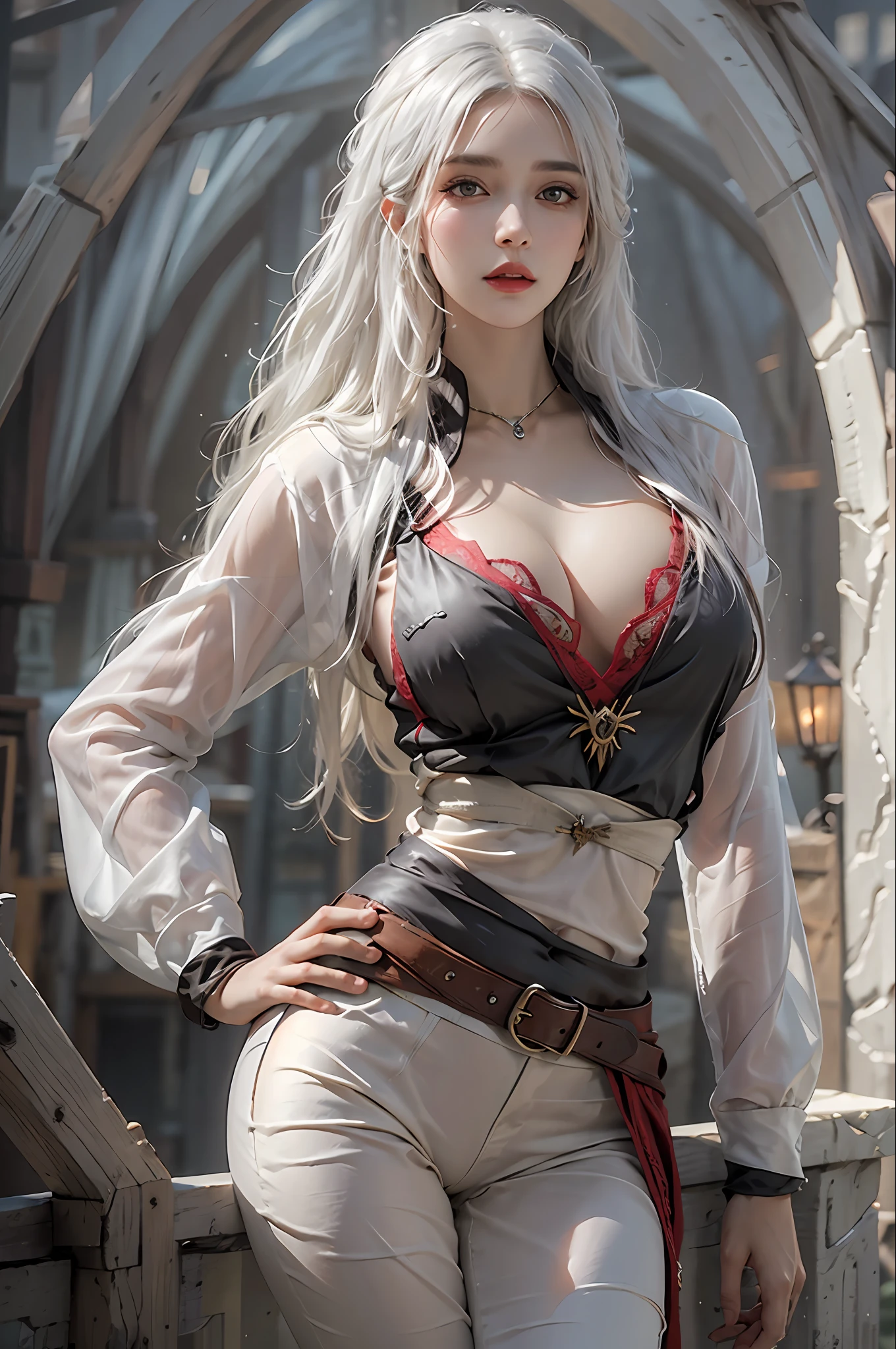 photorealistic, high resolution, 1 women, solo, hips up, look at viewer, (detailed face), white hair, long hair, medium breasts, the witcher clothes, yenifer clothes