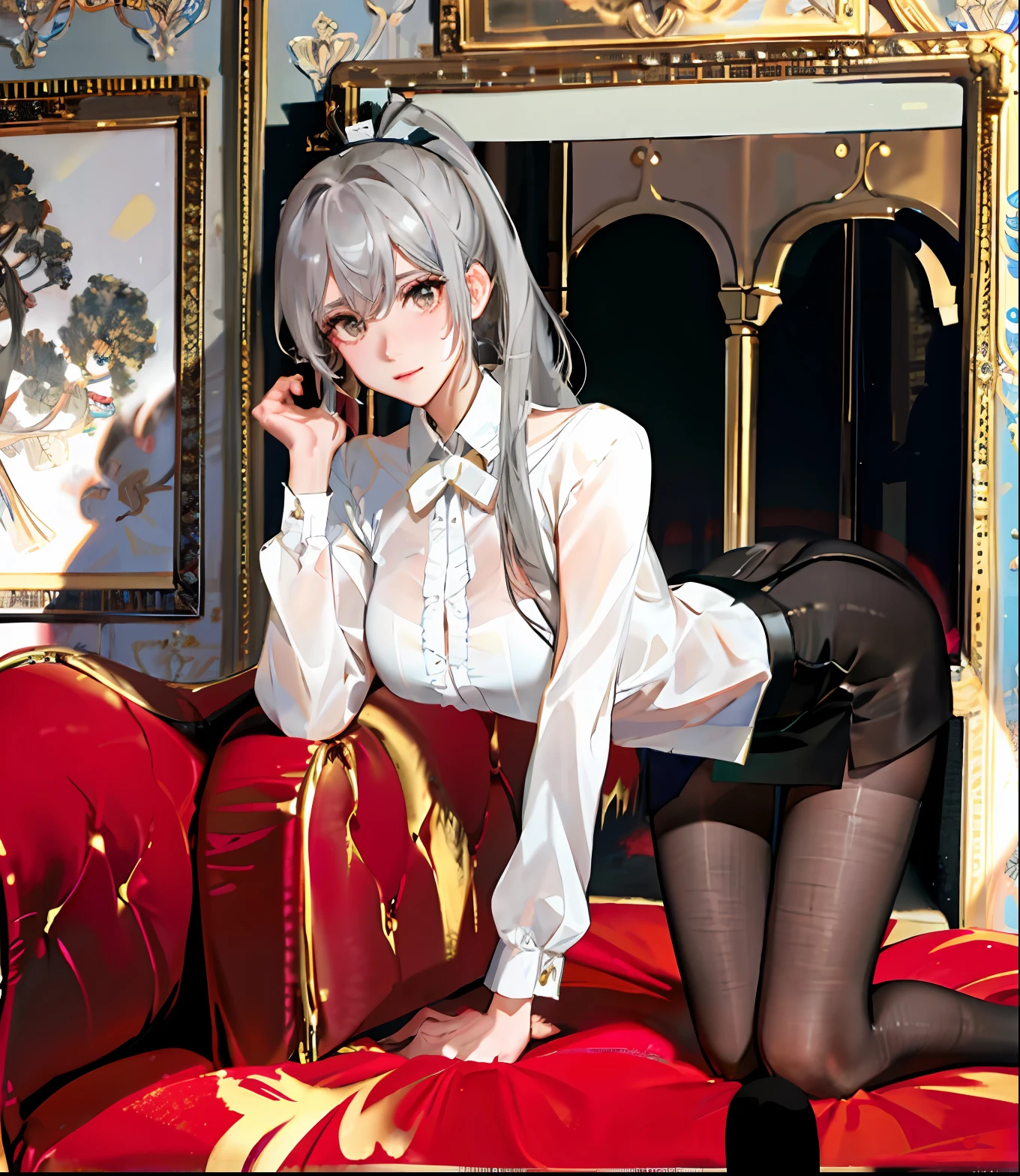 （（1个Giant Breast Girl））,(((high detailhyper quality,high resolution,)))，((epic detail)),((soft shadows)),(Ray traching),{best shadow},detailedbackground,（(liveroom))，（（（（（Fluffy silver hair，plump and slender girl,Wears a high ponytail）））),[Avoid golden eyes in the ominous living room],（（（Girl wears white shirt，Black wrinkled skirt，Wear yours with black sheer pantyhose）））,{It shows a delicate and slender figure and beautiful curves}，（（frontage）），（standing on your feet），（（（（（Hide your hands behind your head））））），（detail in face）Big breasts, big breasts