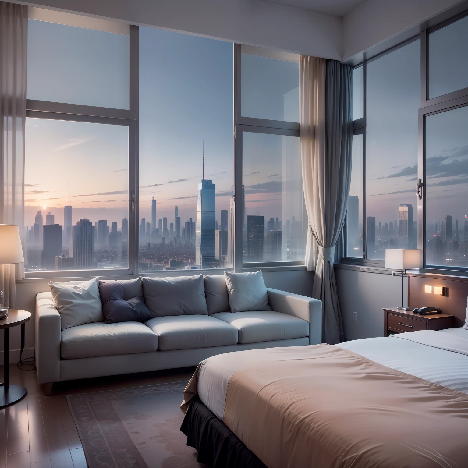 Skyscraper Hotel Rooms、top-quality、a gorgeous、rich、high-class、masterpiece、超A high resolution、Large balcony、Panoramic view、Luxurious interior、calm atmosphere、Elegant lighting、Classic furniture