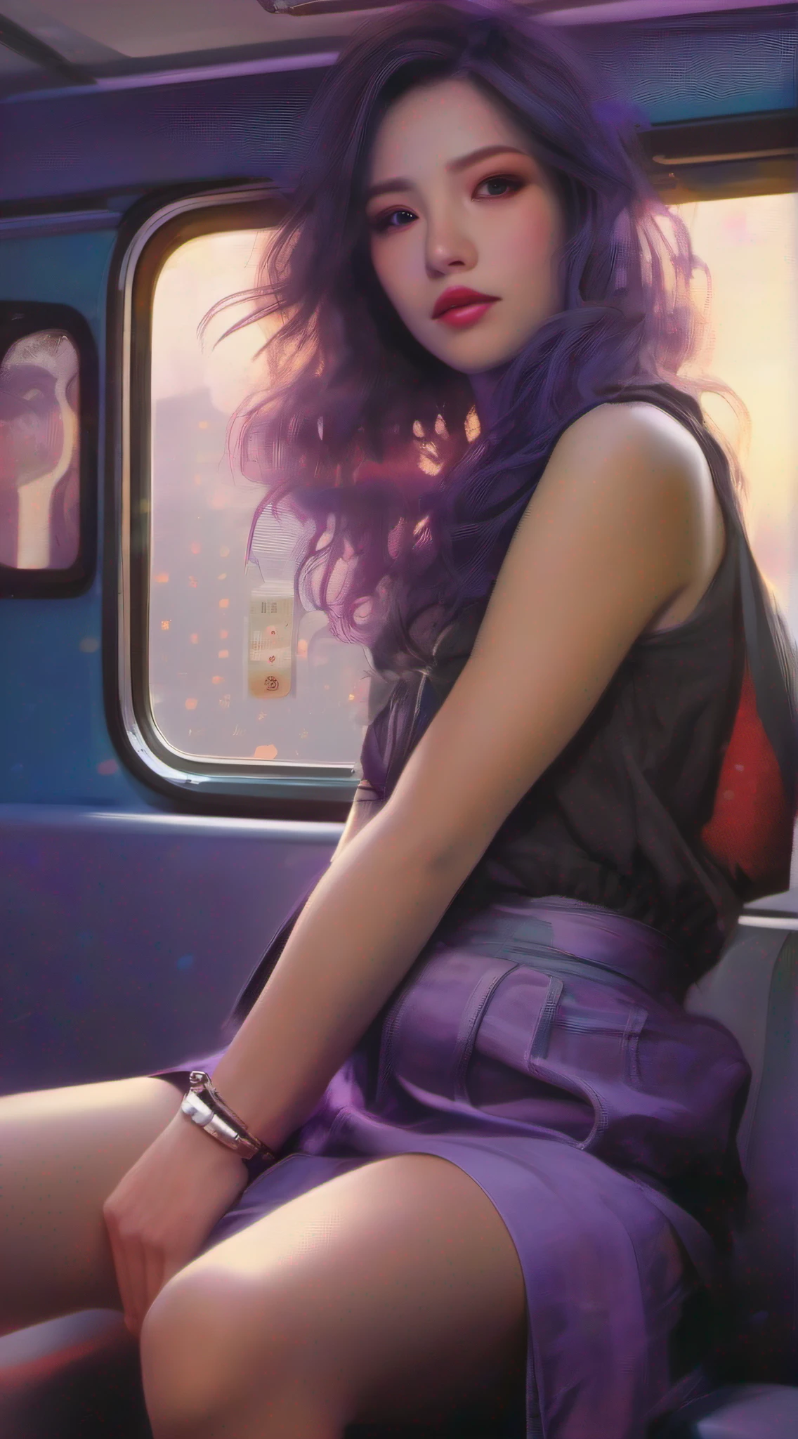 illustartions "bus", concept art by Pino Daeni, Jeremy Mann, Greg Rutkowski, Konstantin Razumov, Vladimir Volegov, Realistic close-up portrait, eun-ji playing electric guitar, sitting inside the bus, long purple hair, wearing vneck and mini skirt, clean face, sakura garden, epic cloud, sunrise, 4k, light reflected in the eyes, studio portrait, soft light, bezel lighting, bokeh background, picturesque, buff painting, (detailed faces:1. 3), (Detailed Eyes:1.3, 8K, HDR, RGB, Ultra-HD --ar 16:9 --q 5 --s 1000 --style raw