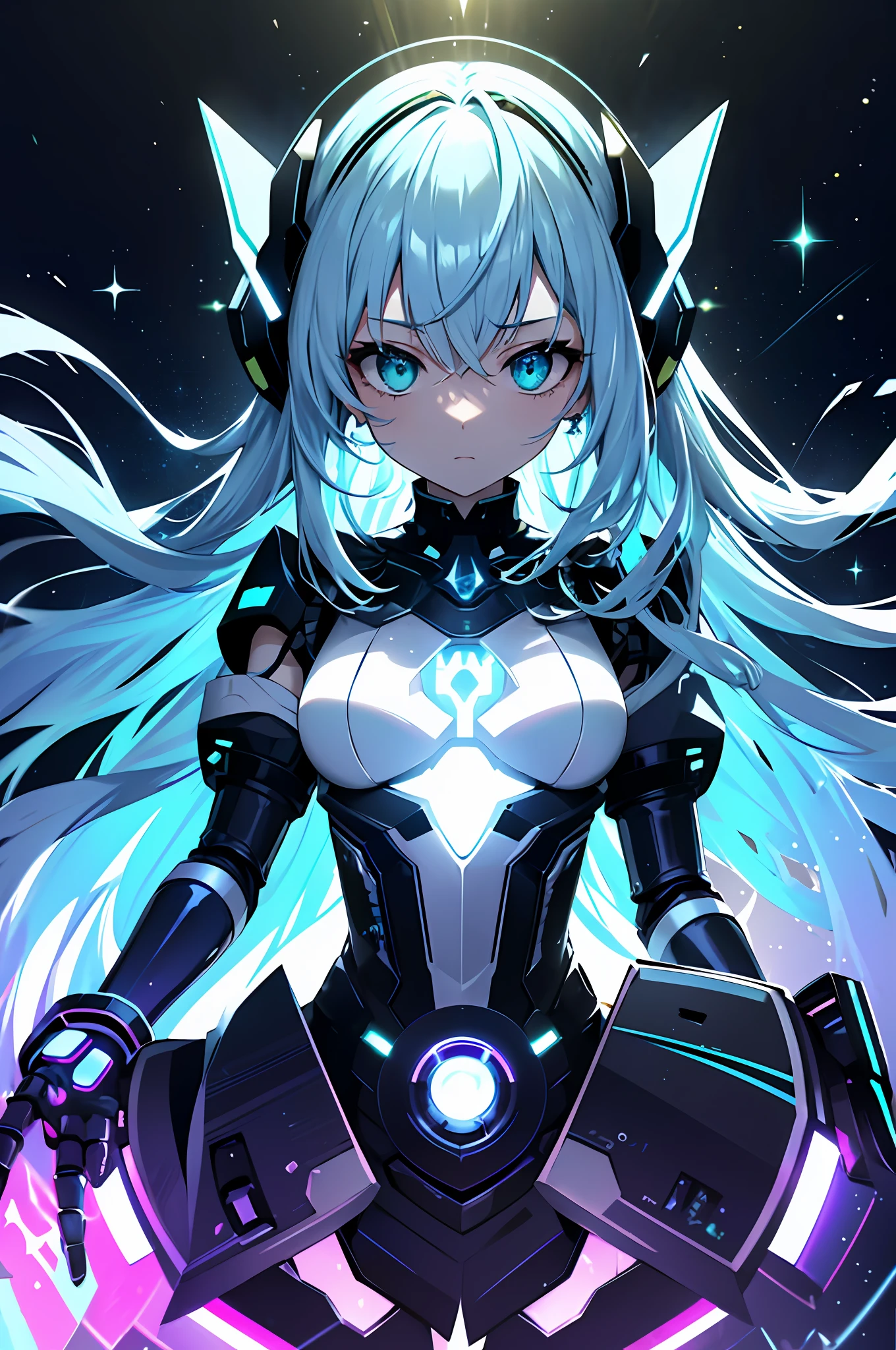 top quality, Masterpiece, fine detail, ultra precision, very delicate 8k wallpaper, robot girl, (long blue hair), (white mechanical armor), (green eyes), (machine sharp headgear), The glowing core in the middle of my chest, (mechanical joints), (five fingers, 4fingers and 1thumb), (High Contrast RGB Effects, LED Effects, Kaleidoscope effect, Shining Effect, Glitter RGB effect), (Ripple Effect:1.2),