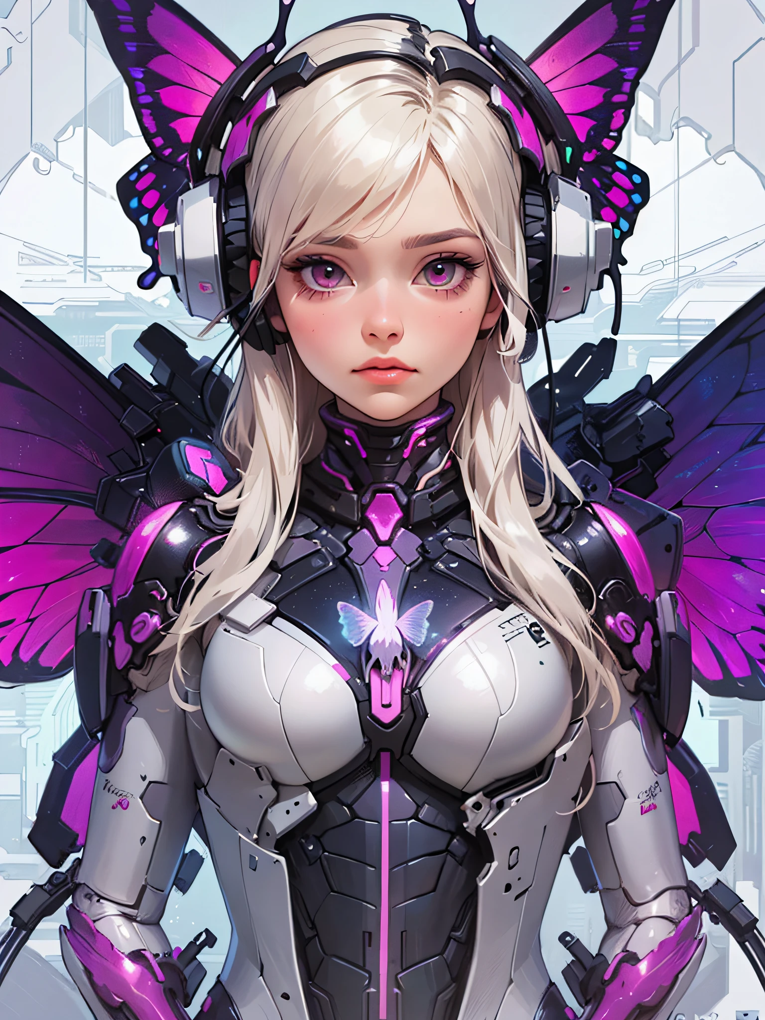 (Artwork of exceptional craftsmanship),(Detailed illustrations,(Very ideal anatomy),Very detailed and detailed drawing,Delicate lines with slow and rapid,(Realistic texture expression)),[Color tressed main line],[Background of the Institute],HENTAI ANIME (CYBERGirl (Beautiful fece) Skinny 13 years old) (Voluminous wavy platinum blonde) cyborgs,(((Butterfly wings) Magenta-pink Papillon cybernean armor) Cyber Headset) [Aurora Armor ((Through the material))],(Science Fiction Mechanical [Bioengineering]),(Perfectly proportioned),(Fine and beautiful skin expression [realistic skin detail]),[Design built to the highest level,[Advanced structural understanding of materials],Ideal color coordination],(Intricate and beautiful decoration [Dense detail]),(More on shiny hair),[Perfect hand details [Beautiful Finger]],(Beautiful perfect face [Realistic face details]),[Clear gaze],[long and beautiful eyelashes],[Perfect eye details (Eyes beautifully drawn down to the smallest detail)],(detaileds,high-detail),([Precision Detail],[multi-layer texture],HighQuality,hight resolution),[(Accurate simulation of light-material interactions),Understanding Airflow,Mechanically correct representation],[Visual art that conveys a sense of narrative] [Full body like],[[Desaturation]].