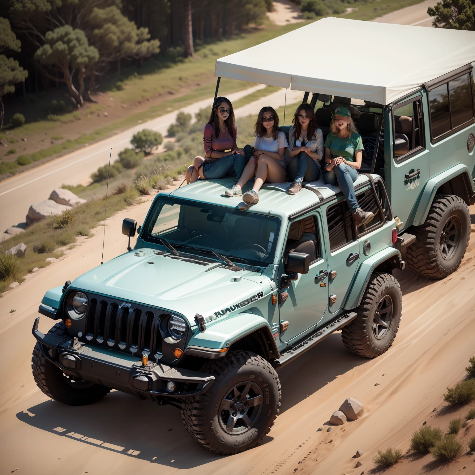 Jeep no topo da montanha com mulheres nuas, lindas e sedutoras