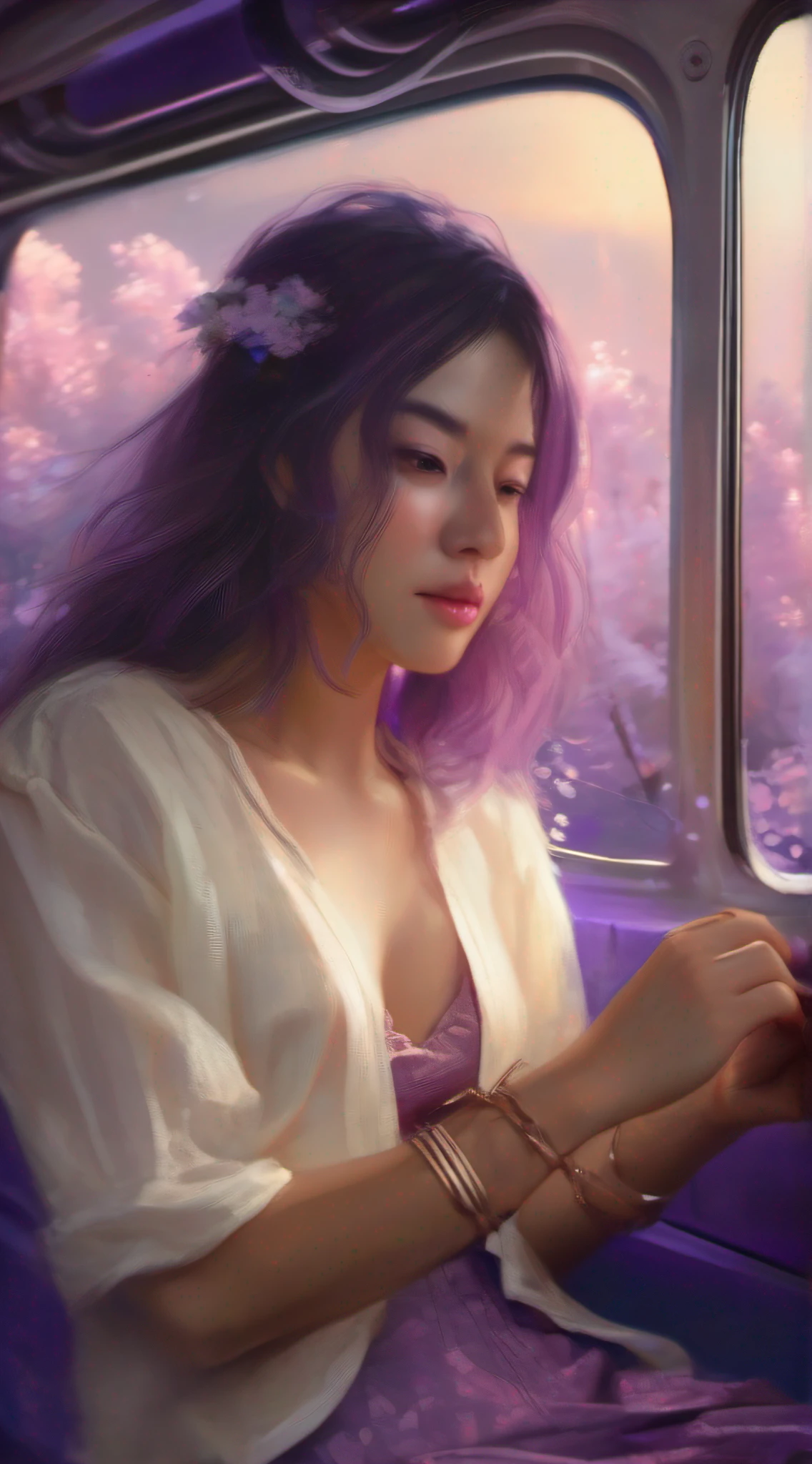 illustartions "bus", concept art by Pino Daeni, Jeremy Mann, Greg Rutkowski, Konstantin Razumov, Vladimir Volegov, Realistic close-up portrait, eun-ji playing electric guitar, sitting inside the bus, long purple hair, wearing vneck and mini skirt, clean face, sakura garden, epic cloud, sunrise, 4k, light reflected in the eyes, studio portrait, soft light, bezel lighting, bokeh background, picturesque, buff painting, (detailed faces:1. 3), (Detailed Eyes:1.3, 8K, HDR, RGB, Ultra-HD --ar 16:9  --q 5 --s 1000 --style raw