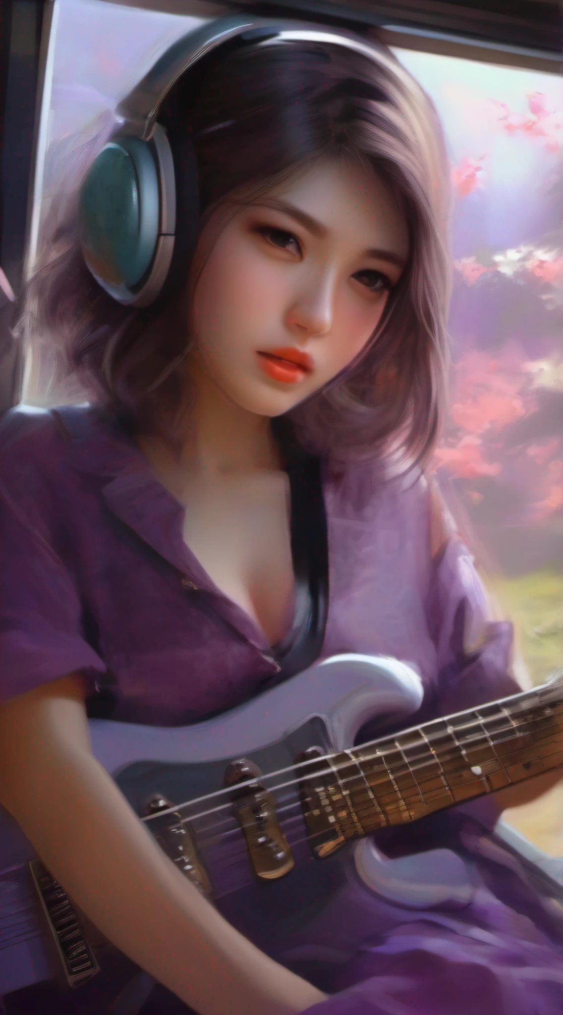 illustartions "bus", concept art by Pino Daeni, Jeremy Mann, Greg Rutkowski, Konstantin Razumov, Vladimir Volegov, Realistic close-up portrait, eun-ji playing electric guitar, sitting inside the bus, long purple hair, wearing vneck and mini skirt, clean face, sakura garden, epic cloud, sunrise, 4k, light reflected in the eyes, studio portrait, soft light, bezel lighting, bokeh background, picturesque, buff painting, (detailed faces:1. 3), (Detailed Eyes:1.3, 8K, HDR, RGB, Ultra-HD --ar 16:9  --q 5 --s 1000 --style raw