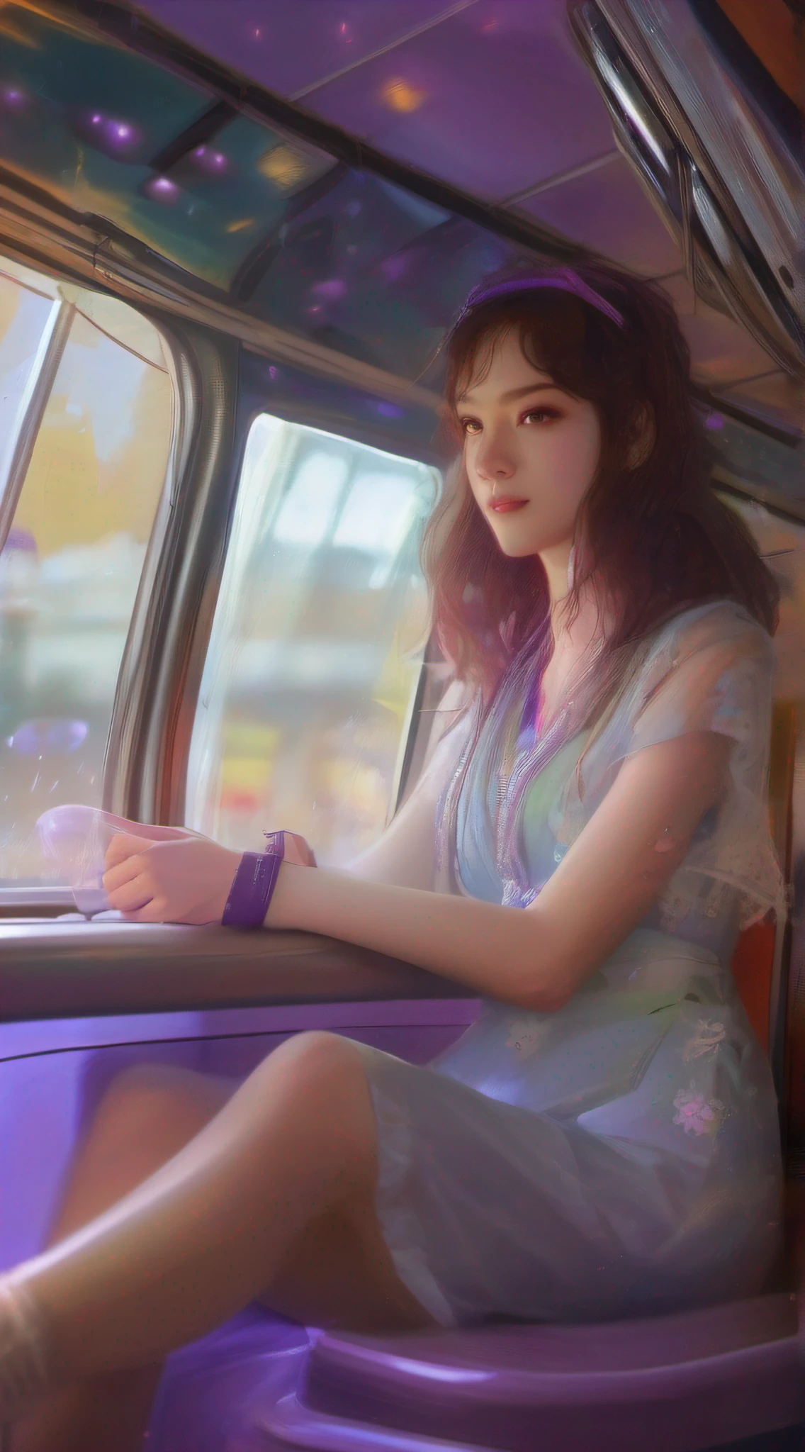 illustartions "bus", concept art by Pino Daeni, Jeremy Mann, Greg Rutkowski, Konstantin Razumov, Vladimir Volegov, Realistic close-up portrait, eun-ji playing electric guitar, sitting inside the bus, long purple hair, wearing vneck and mini skirt, clean face, sakura garden, epic cloud, sunrise, 4k, light reflected in the eyes, studio portrait, soft light, bezel lighting, bokeh background, picturesque, buff painting, (detailed faces:1. 3), (Detailed Eyes:1.3, 8K, HDR, RGB, Ultra-HD --ar 16:9  --q 5 --s 1000 --style raw