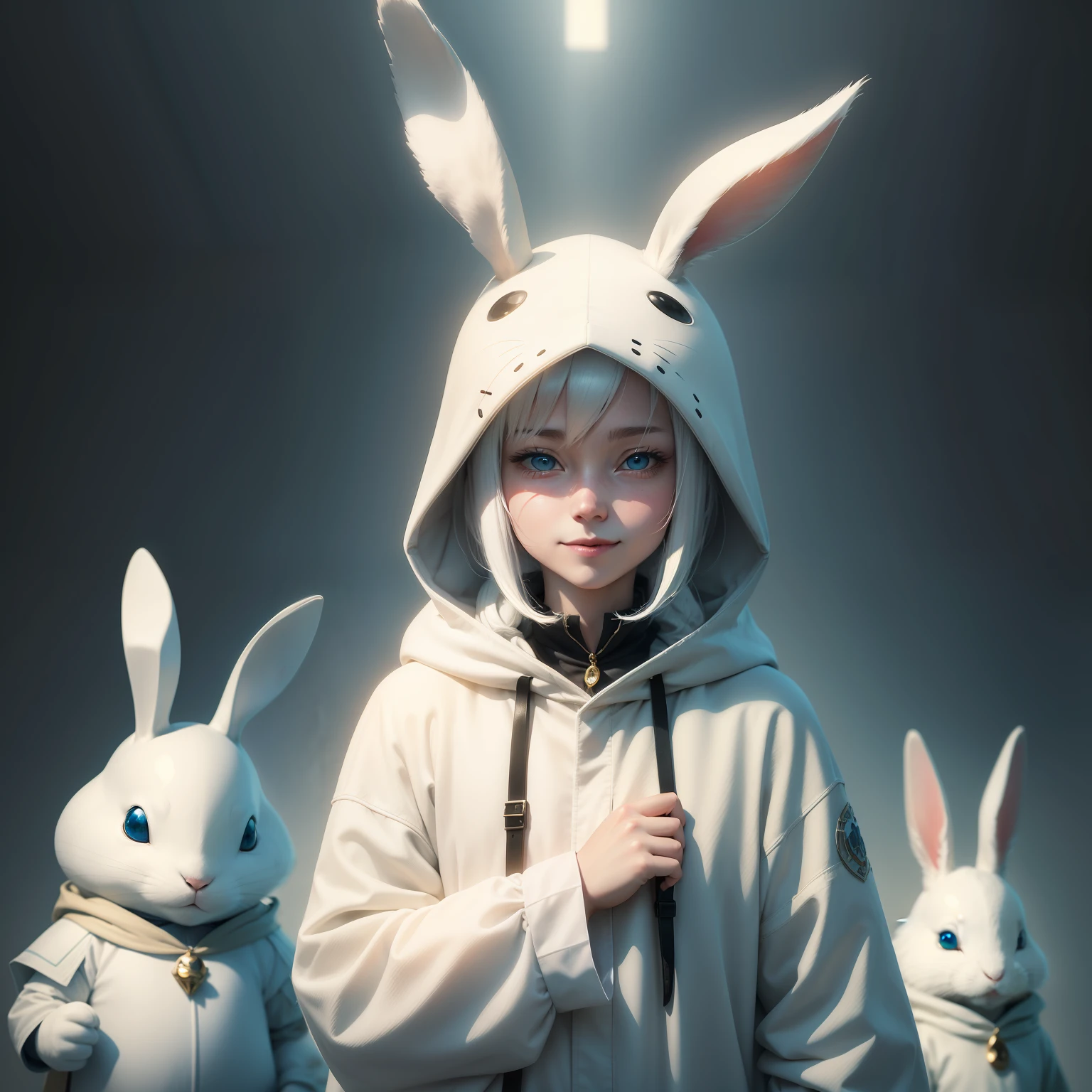 Little white rabbit, Walk upright, Moe stupid, animal hood, smile, rabbit ears, aqua eyes, anime, Realism, close-up, character chart, anime, anime style, chiaroscuro, super detail, textured skin, high quality, high details, high details, high quality, super detail, textured skin