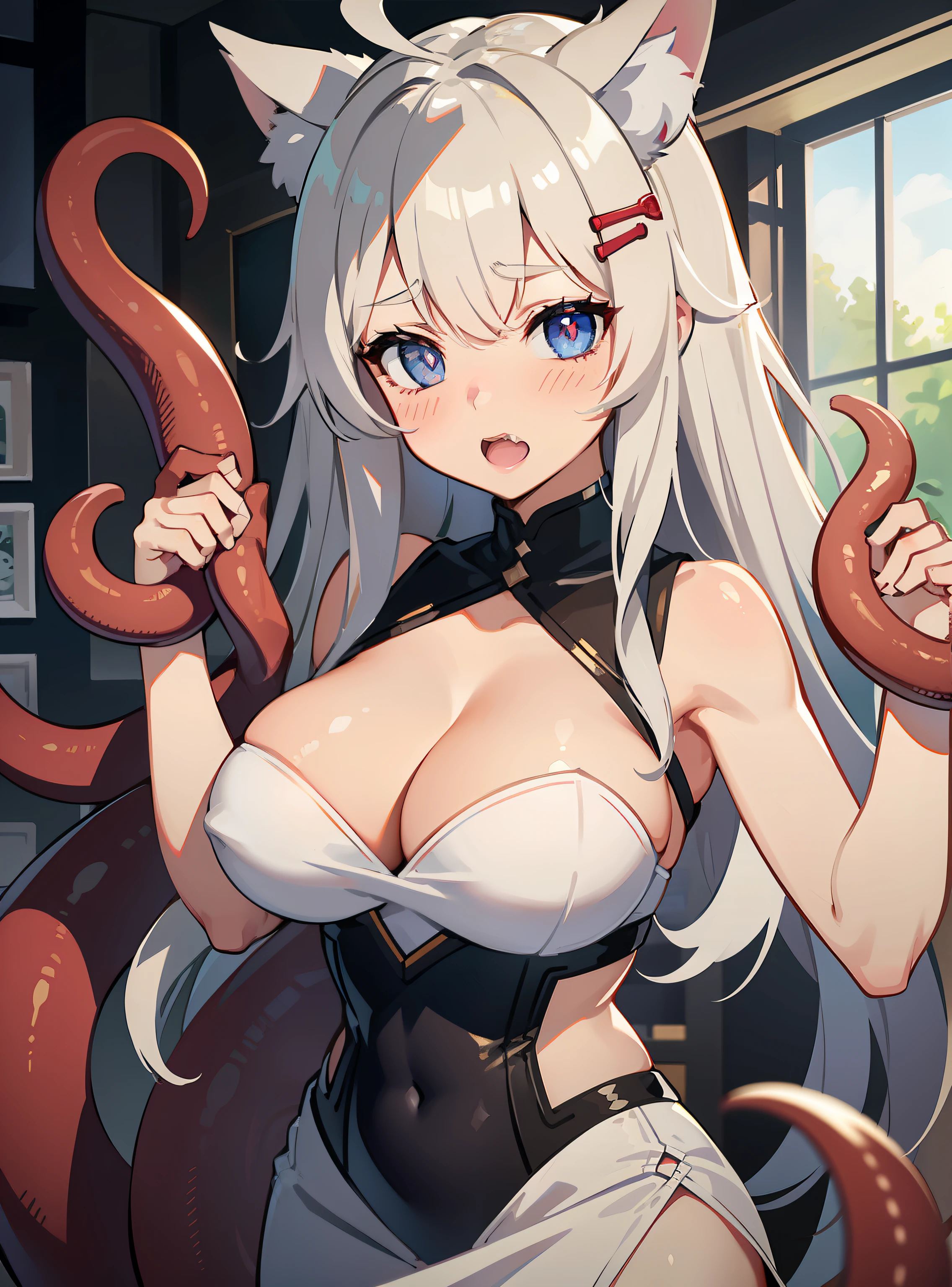 white color hair, Large breasts, Tangled in tentacles, perspired, Mucus adhesion, White shabby dress, Striped hair, ahoge, Food-themed hair accessories, mismatched pupils, Heart-shaped eyes, Dog ears, clench one's teeth, fang out, Light blush, full face blush, Anime style, tachi-e, Masterpiece, Textured skin, Anatomically correct, Best quality