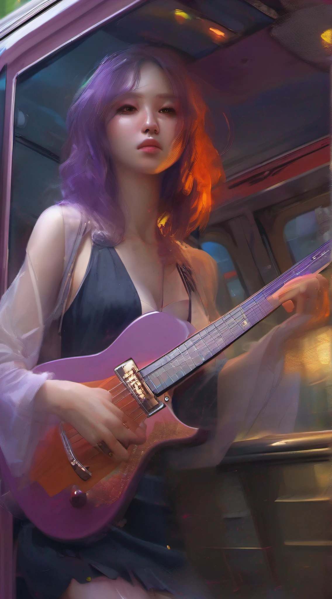 illustartions "bus", concept art by Pino Daeni, Jeremy Mann, Greg Rutkowski, Konstantin Razumov, Vladimir Volegov, Realistic close-up portrait, eun-ji playing electric guitar, sitting inside the bus, long purple hair, wearing vneck and mini skirt, clean face, sakura garden, epic cloud, sunrise, 4k, light reflected in the eyes, studio portrait, soft light, bezel lighting, bokeh background, picturesque, buff painting, (detailed faces:1. 3), (Detailed Eyes:1.3, 8K, HDR, RGB, Ultra-HD --ar 16:9  --q 5 --s 1000 --style raw