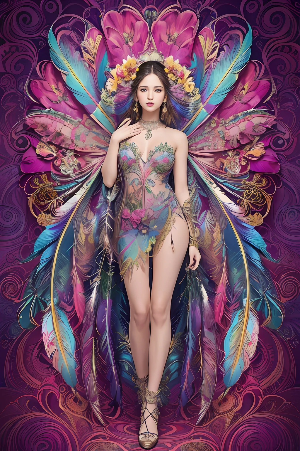 (masterpiece, top quality, best quality, official art, beautiful and aesthetic:1.2), (1girl:1.3), extremely detailed,(fractal art:1.1),(colorful:1.1)(flowers:1.3),highest detailed,(zentangle:1.2), full body, (abstract background:1.3), (shiny skin), (many colors:1.4), ,(earrings), (feathers:1.5),