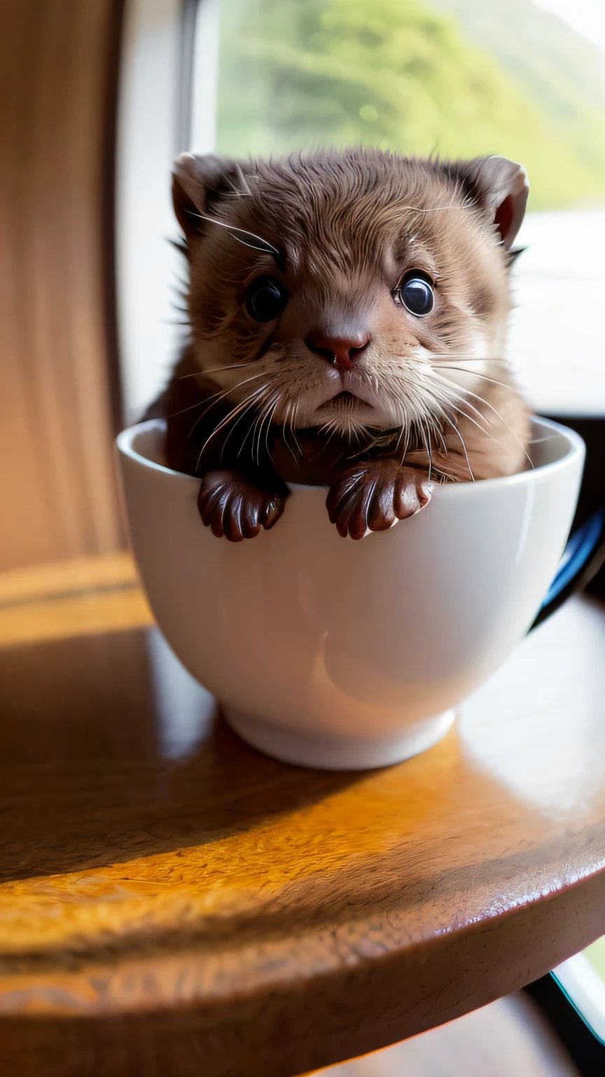 Baby otter， （Himalayan）， （small））））， In a teacup， the face， Front paws extended， 8K， profesional photo， delicated， Pubic area is clear， On a table， Inside the house， rays of sunshine， light  leaks， tmasterpiece， （（prette）））， Stylish teacup， （Realistis）， plushies，closeup cleavage，Fisheye camera。
