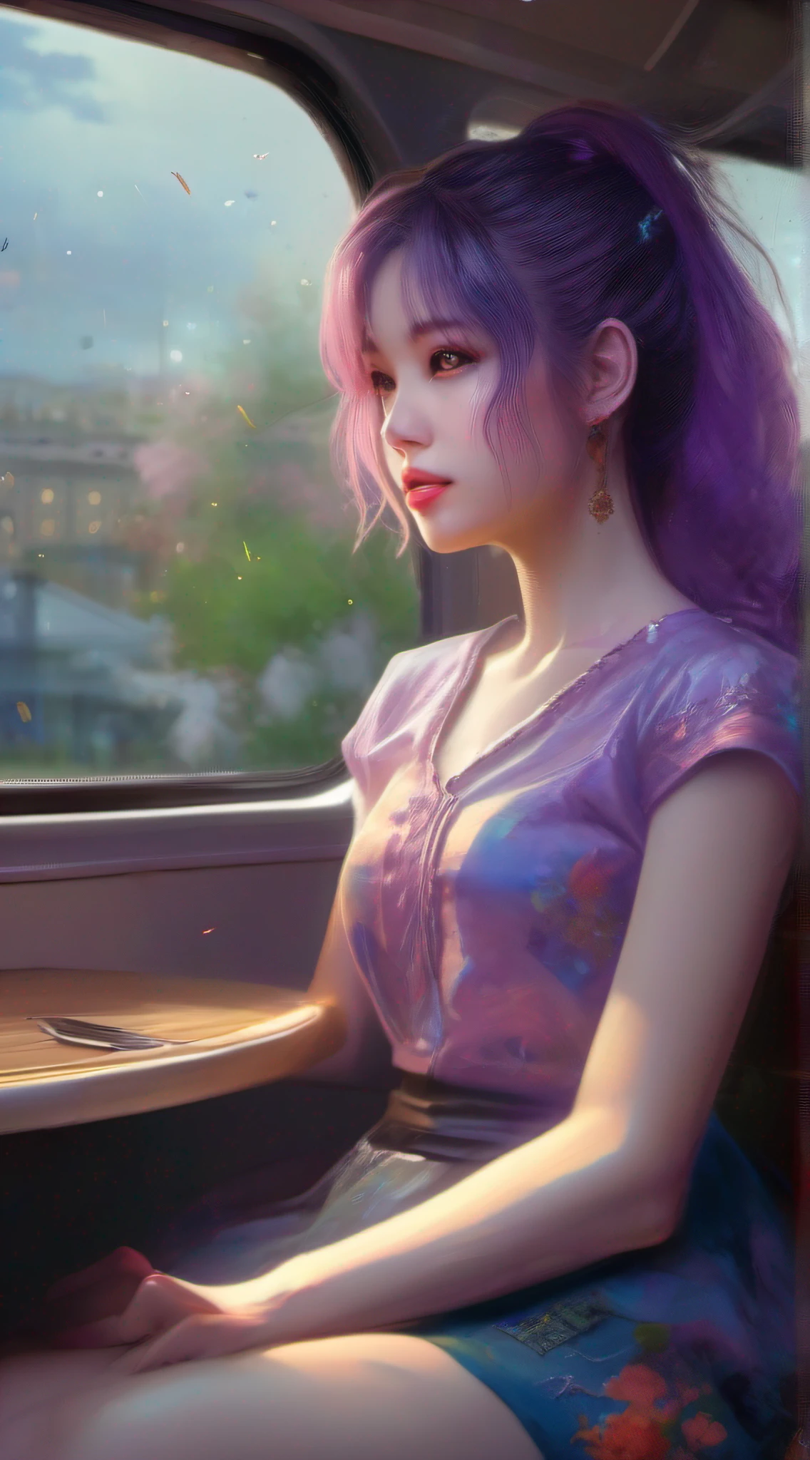 illustartions "bus", concept art by Pino Daeni, Jeremy Mann, Greg Rutkowski, Konstantin Razumov, Vladimir Volegov, Realistic close-up portrait, eun-ji playing electric guitar, sitting inside the bus, long purple hair, wearing vneck and mini skirt, clean face, sakura garden, epic cloud, sunrise, 4k, light reflected in the eyes, studio portrait, soft light, bezel lighting, bokeh background, picturesque, buff painting, (detailed faces:1. 3), (Detailed Eyes:1.3, 8K, HDR, RGB, Ultra-HD --ar 16:9 --q 5 --s 1000 --style raw