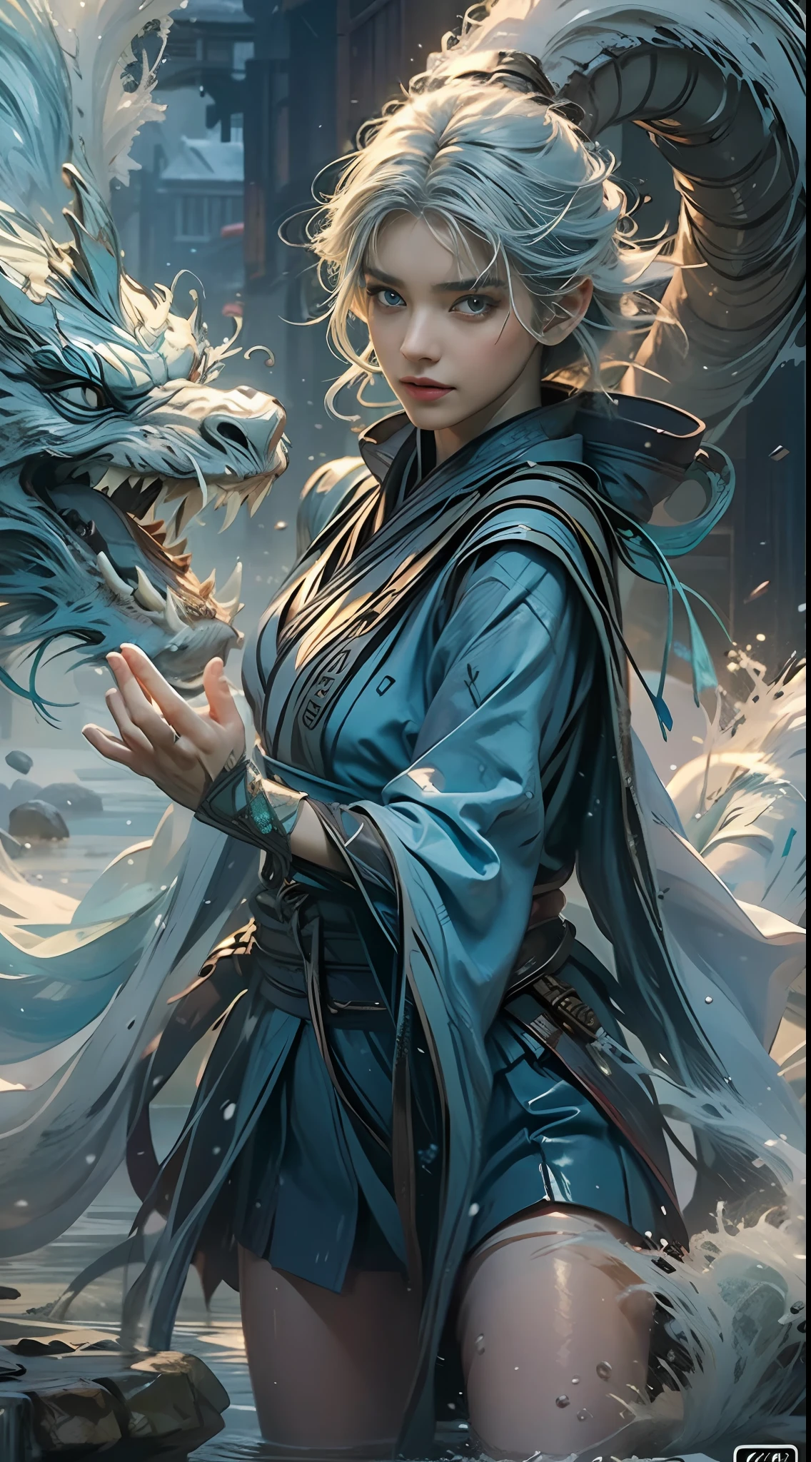 （The is very detailed，reasonable design，Clear lines，High- sharpness，best qualtiy，tmasterpiece，offcial art，movie light effect，4K），1girll，a matural female，looking at viewert，blue color eyes，short  skirt，White medium hair，blue hairs，cloaks，White panty hose，snowflower，Printing，jewely，Pedras preciosas，Shiny，thigh band，（Take a walk on the lake:1.2），water dragon