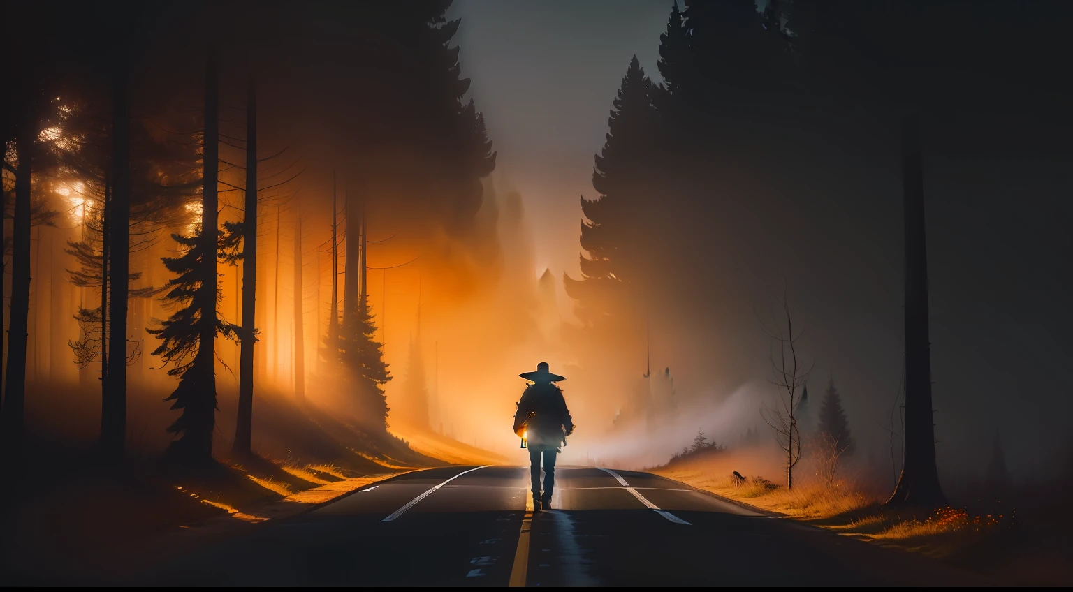 Pessoa que caminha por uma estrada no meio de uma floresta, Lonely human walking, Mikko Lagerstedt, Foto nebulosa 8 K, para o desconhecido, nevoeiro laranja, mystical orange fog, Obscured black hat person walking, Homem misterioso, nevoeiro escuro rodeia-o, atmospheric portrait, cinematic atmospheric photo, A sense of mystery and loneliness, Afastando-se