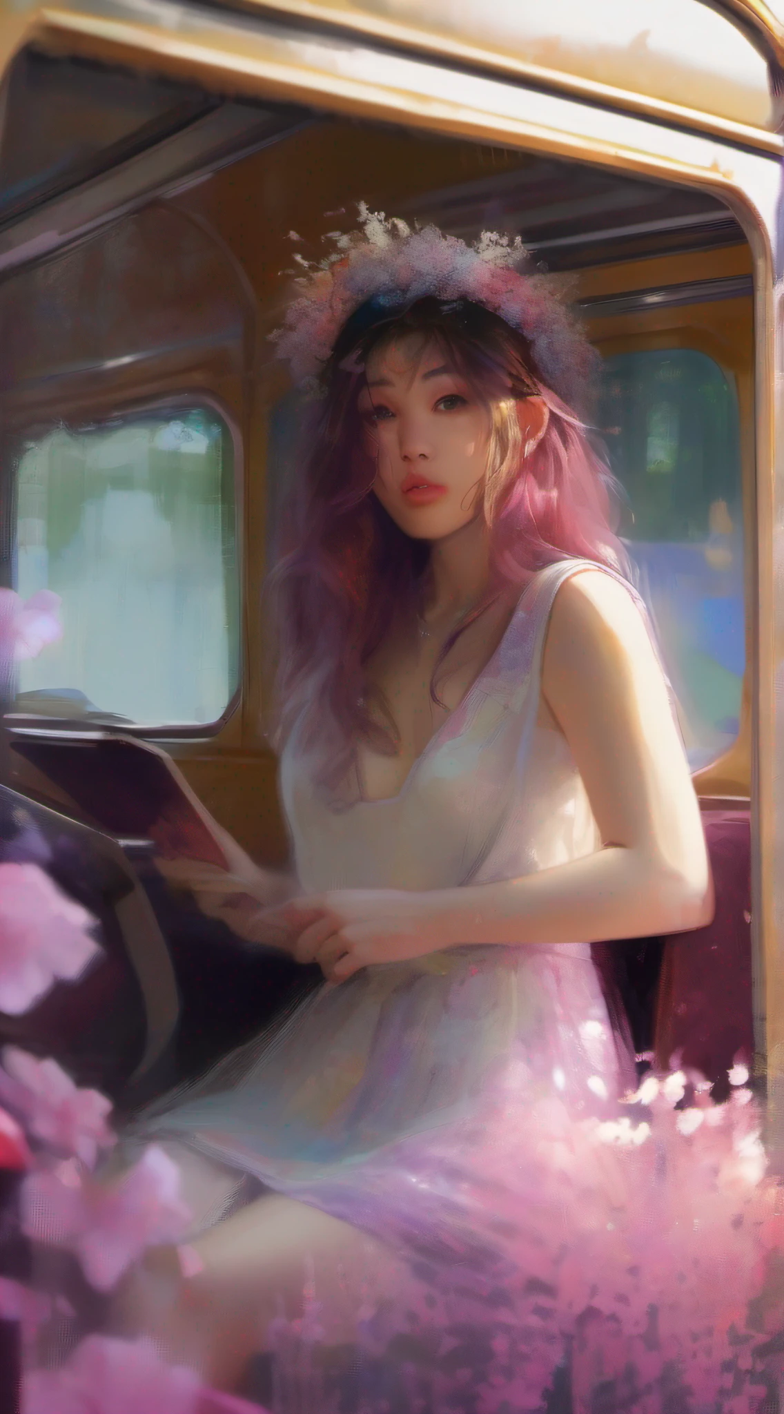 illustartions "bus", concept art by Pino Daeni, Jeremy Mann, Greg Rutkowski, Konstantin Razumov, Vladimir Volegov, Realistic close-up portrait, eun-ji playing electric guitar, sitting inside the bus, long purple hair, wearing vneck and mini skirt, clean face, sakura garden, epic cloud, sunrise, 4k, light reflected in the eyes, studio portrait, soft light, bezel lighting, bokeh background, picturesque, buff painting, (detailed faces:1. 3), (Detailed Eyes:1.3, 8K, HDR, RGB, Ultra-HD --ar 16:9  --q 5 --s 1000 --style raw