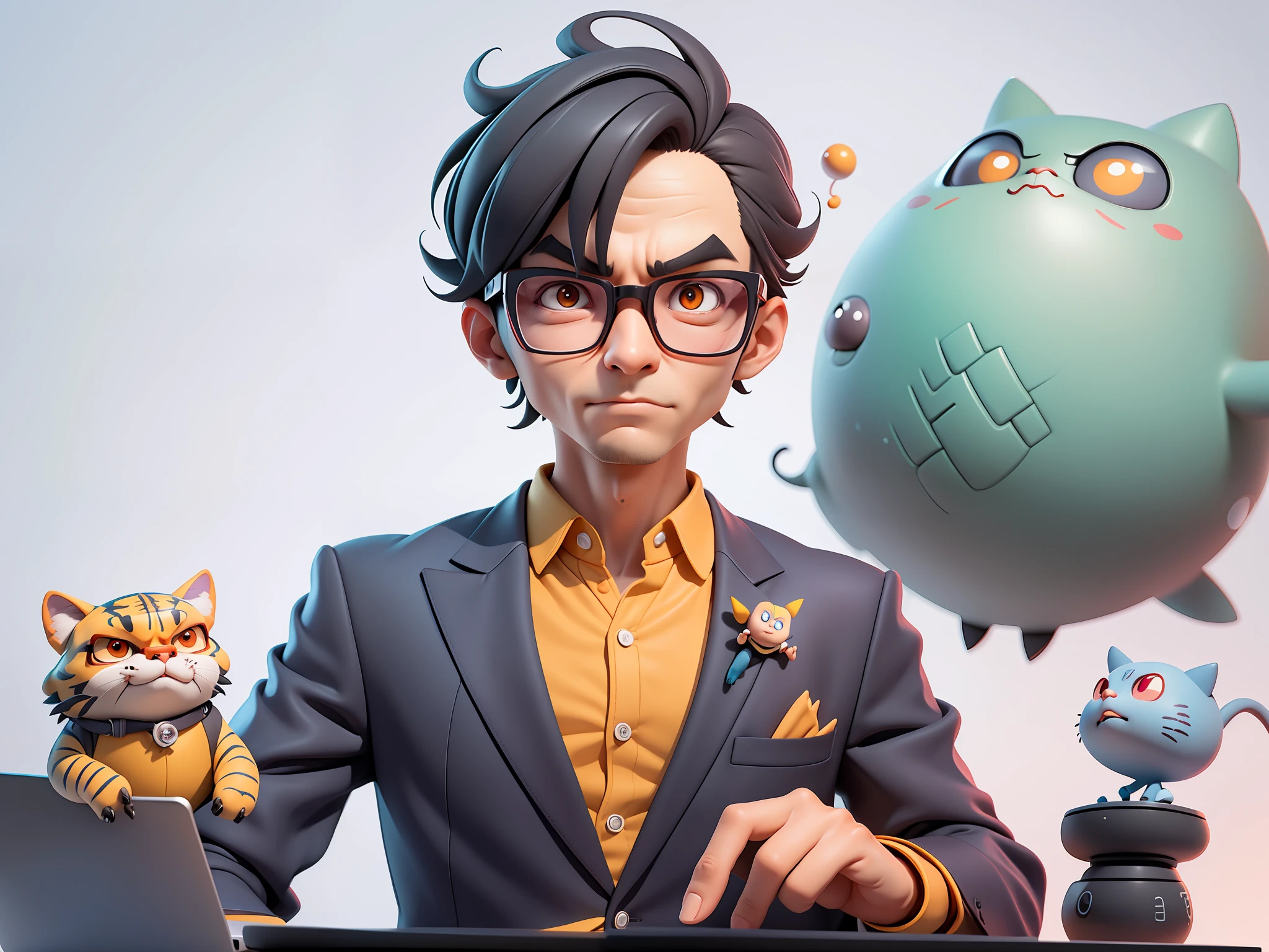 A young man in a suit, Short hair and glasses sat at his desk，holding laptop，digitial painting，tigre，3D character design by Mark Clairen and Pixar and Hayao Miyazaki and Akira Toriyama，4K HD illustration，Very detailed facial features and cartoon-style visuals。