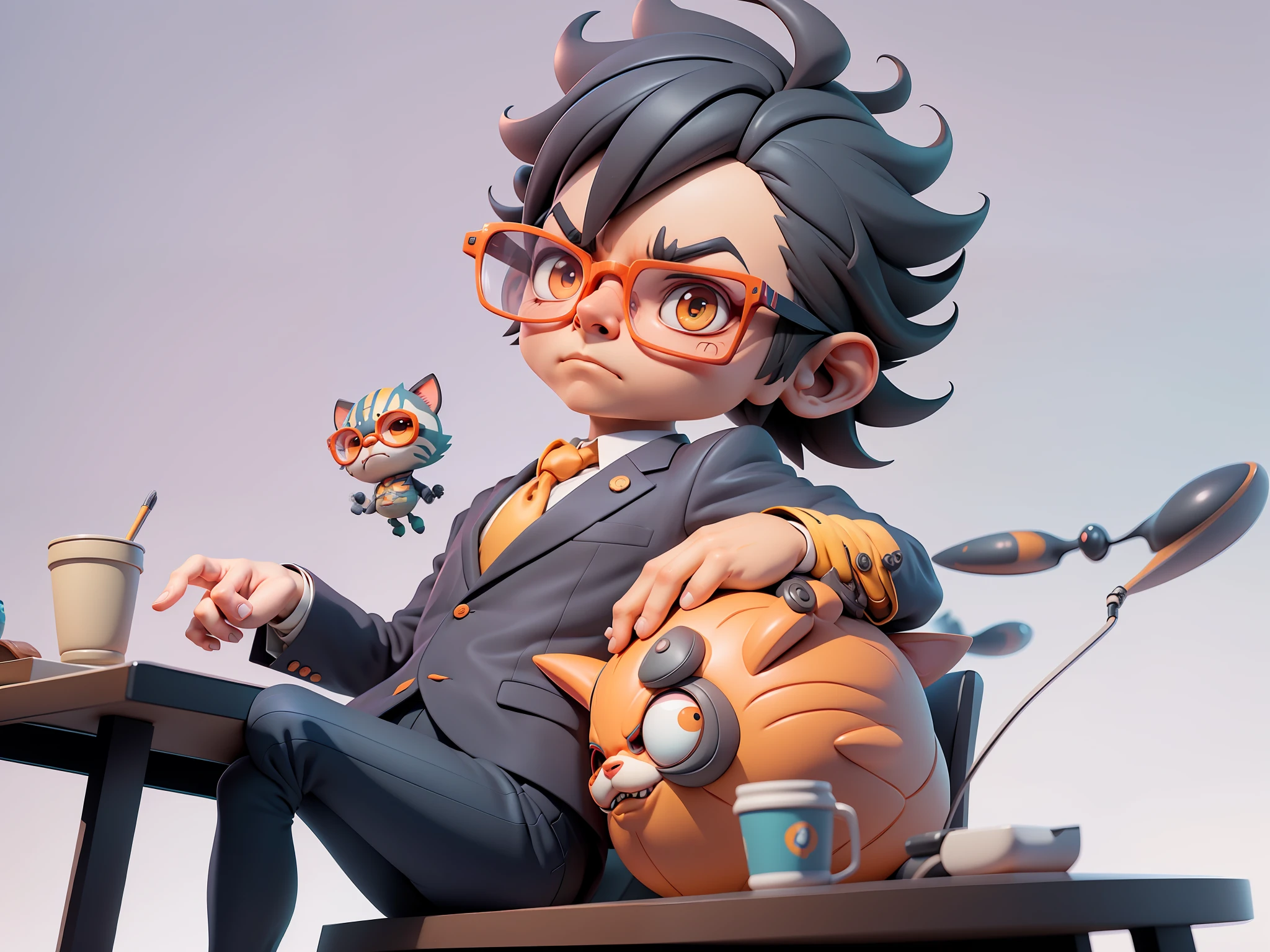 A young man in a suit, Short hair and glasses sat at his desk,holding laptop,digitial painting,tigre,3D character design by Mark Clairen and Pixar and Hayao Miyazaki and Akira Toriyama,4K HD illustration,Very detailed facial features and cartoon-style visuals。