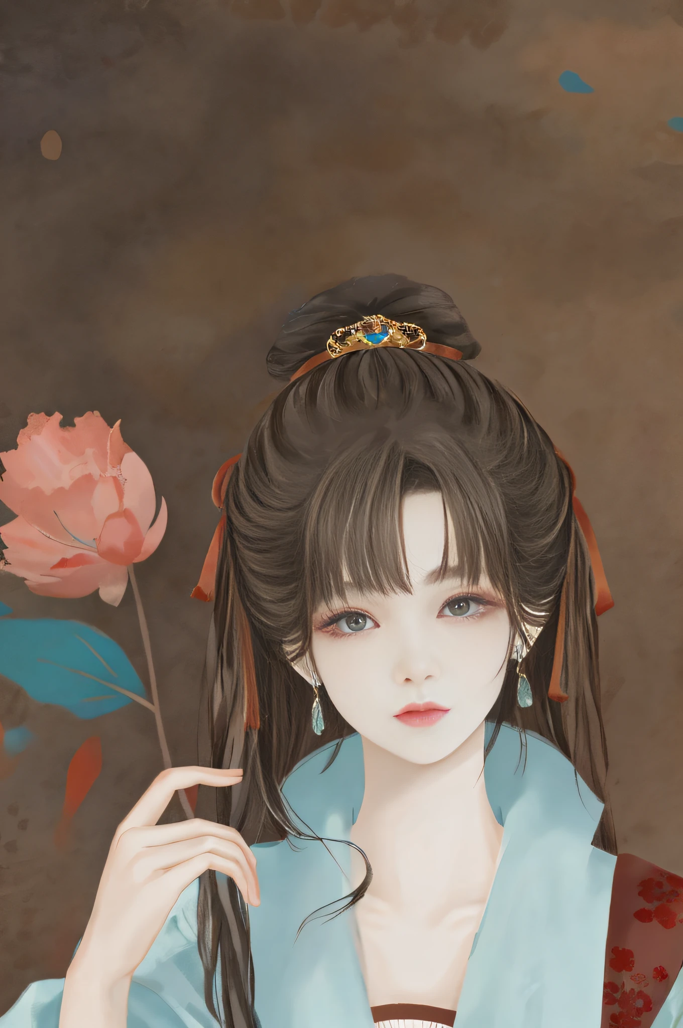 Ancient Chinese beauties fly in the sky，wearing ancient Chinese costume，Flowing tulle，Light silk，Lazy posture，large lotus leaf，lotuses，Ink painting style，clean color，Decisive cut，Leave white space，impressionistic，tmasterpiece，ultra - detailed，Epic composition, high qulity, HighestQuali, 4K --v 6
