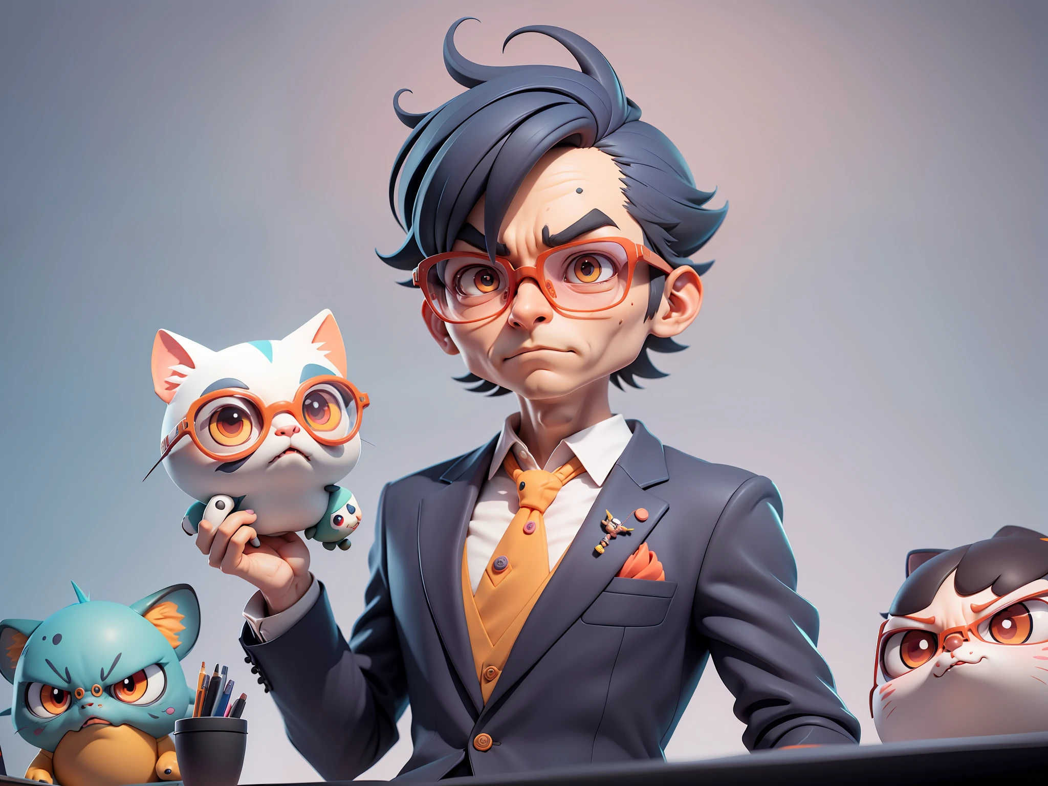 A young man in a suit, Short hair and glasses sat at his desk,holding laptop,digitial painting,tigre,3D character design by Mark Clairen and Pixar and Hayao Miyazaki and Akira Toriyama,4K HD illustration,Very detailed facial features and cartoon-style visuals。