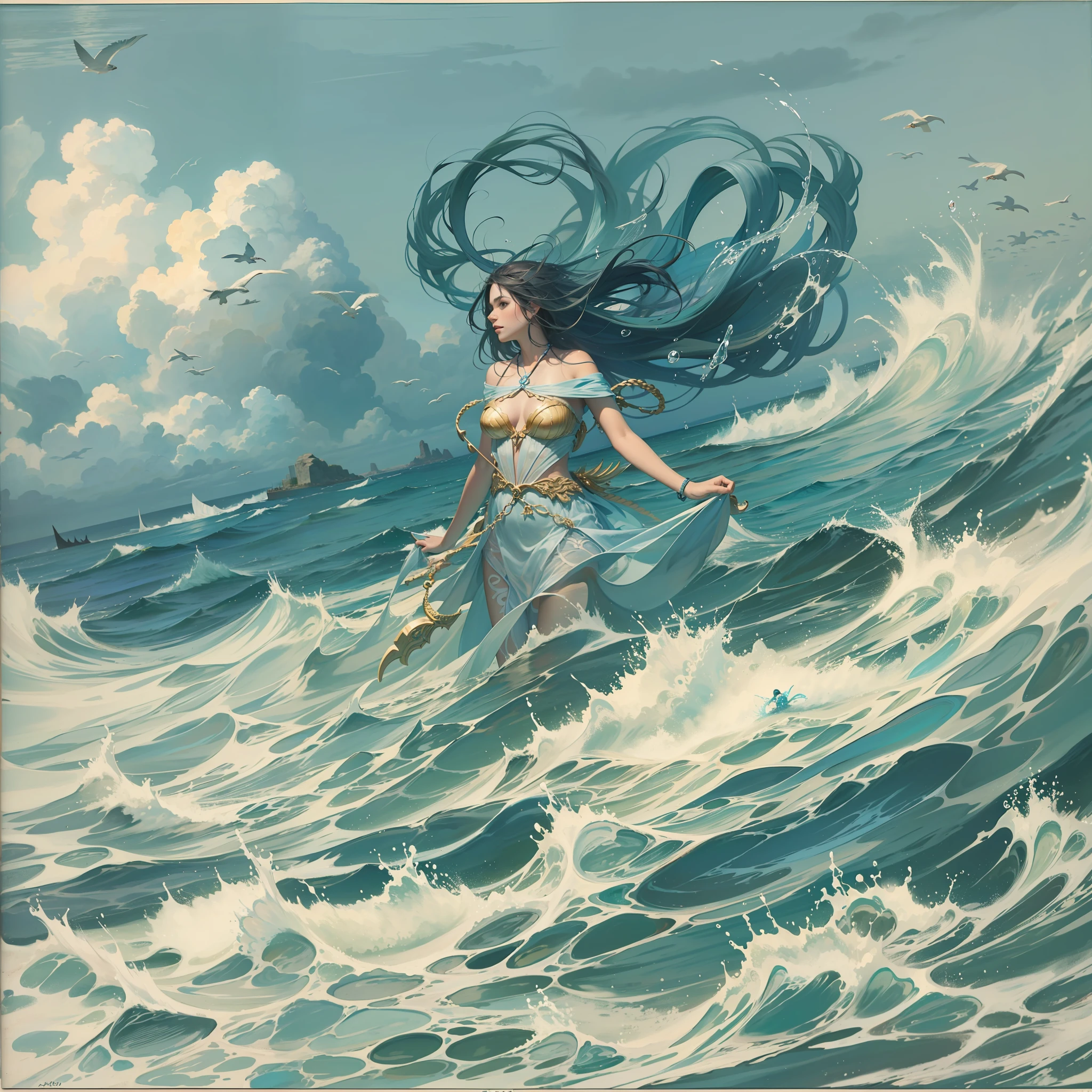isla flotante, voladora en medio del oceano, cielo es un oceanocon olas, oceano azul rey