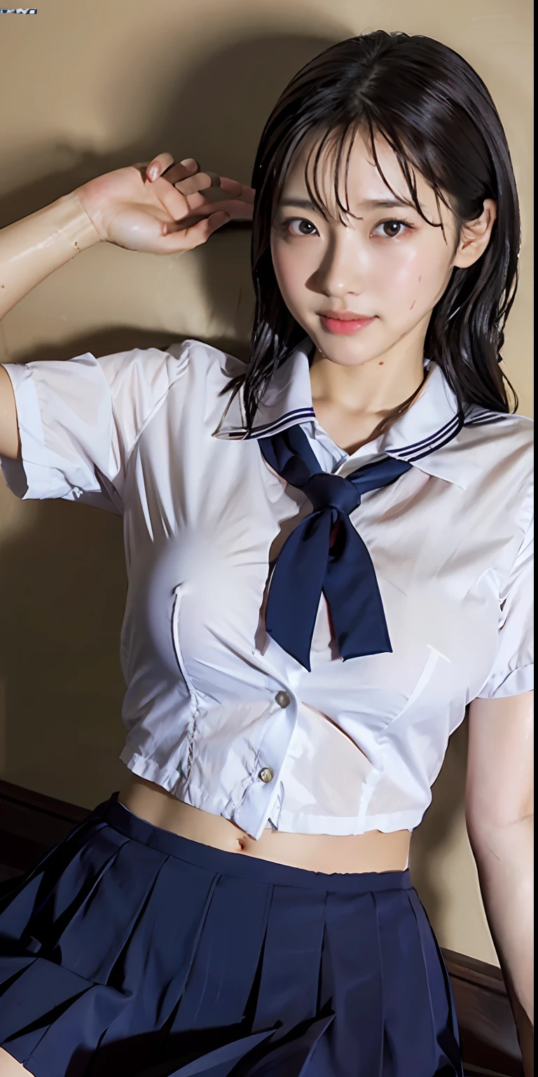 ulzzang-6500-v1.1, (Raw photo:1.2), (Photorealism), Beautiful detailed girl, Very detailed eyes and face, Beautiful detailed eyes, Huge file size, (Big), High Resolution, Very detailed, Best quality, [Masterpiece:1.6], [JK Uniform], Illustration, Very detailed, CG, Fine detail, Best quality, Very detailed CG uniform 8k wallpaper, Movie Lighting, 1 girl, , cute Japan high school girl, perfect figure, [white school blouse unbuttoned, bra visible], large taut breasts, [huge breasts, heavy breasts, H cup: 1.9], cute droopy eyes, beautiful big eyes, no bra, sweaty and wet, [sexual arousal: 1.1], lying in bed: 1.5], hands raised, school uniform ribbon around neck, smile, (the whole body is wet), shining eyes, big breasts, big, big, head on pillow, stomach, button open