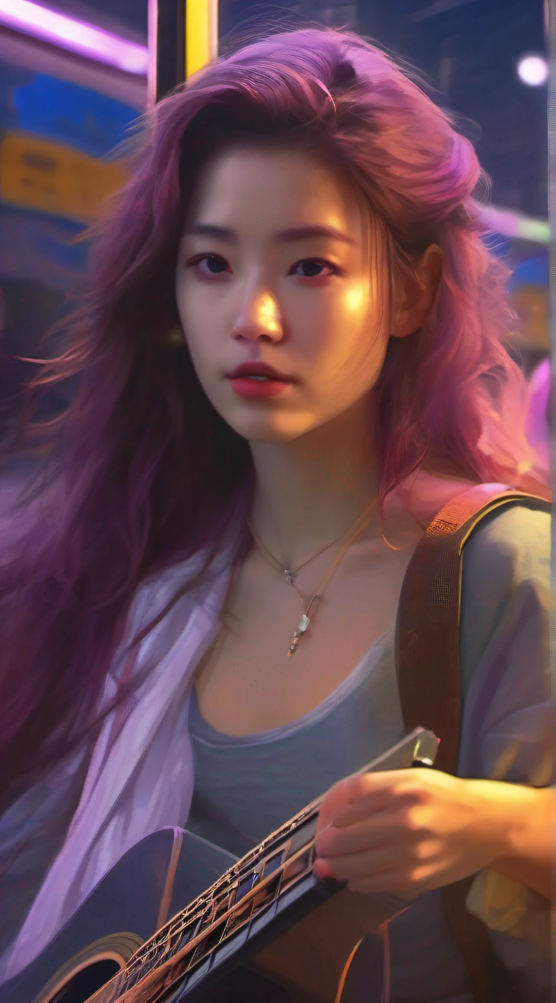 illustartions "bus", concept art by Pino Daeni, Jeremy Mann, Greg Rutkowski, Konstantin Razumov, Vladimir Volegov, Realistic close-up portrait, eun-ji playing electric guitar, sitting inside the bus, long purple hair, wearing vneck and mini skirt, clean face, sakura garden, epic cloud, sunrise, 4k, light reflected in the eyes, studio portrait, soft light, bezel lighting, bokeh background, picturesque, buff painting, (detailed faces:1. 3), (Detailed Eyes:1.3, 8K, HDR, RGB, Ultra-HD --ar 16:9  --q 5 --s 1000 --style raw