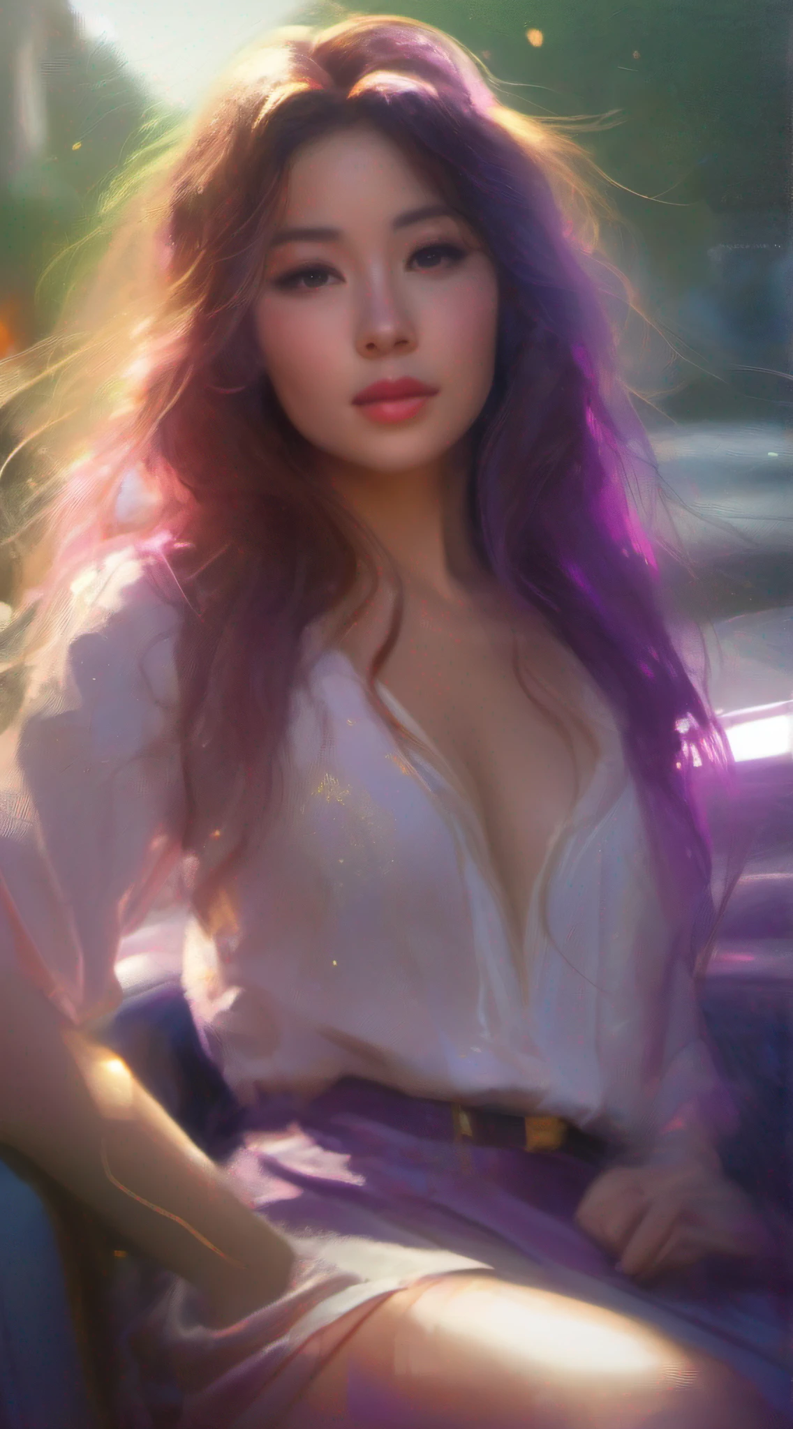 illustartions "bus", concept art by Pino Daeni, Jeremy Mann, Greg Rutkowski, Konstantin Razumov, Vladimir Volegov, Realistic close-up portrait, eun-ji playing electric guitar, sitting inside the bus, long purple hair, wearing vneck and mini skirt, clean face, sakura garden, epic cloud, sunrise, 4k, light reflected in the eyes, studio portrait, soft light, bezel lighting, bokeh background, picturesque, buff painting, (detailed faces:1. 3), (Detailed Eyes:1.3, 8K, HDR, RGB, Ultra-HD --ar 16:9  --q 5 --s 1000 --style raw