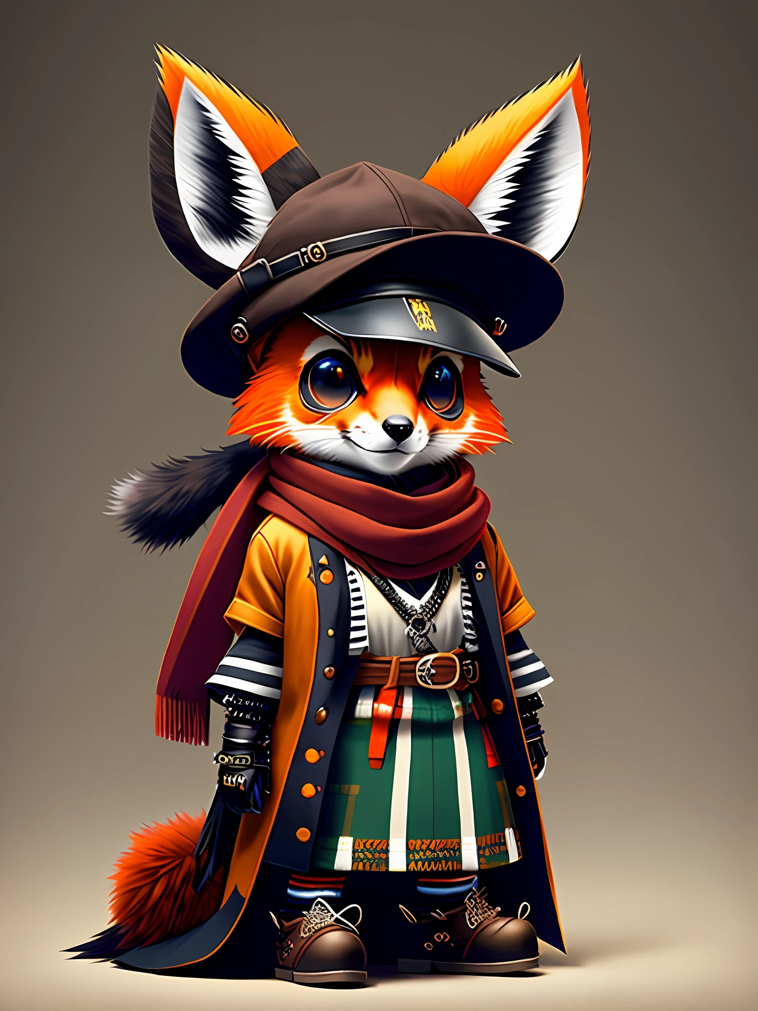 Image of a maned wolf, cute with hat and scarf, Art Station Trend, vestido com roupas punk, hyper realistic detailed rendering, British gang member, estilo urbano, pose intimidadora, planeta dos gatos, roupas da moda, samurai urbano, miau, West Slavic traits, 8 1 5