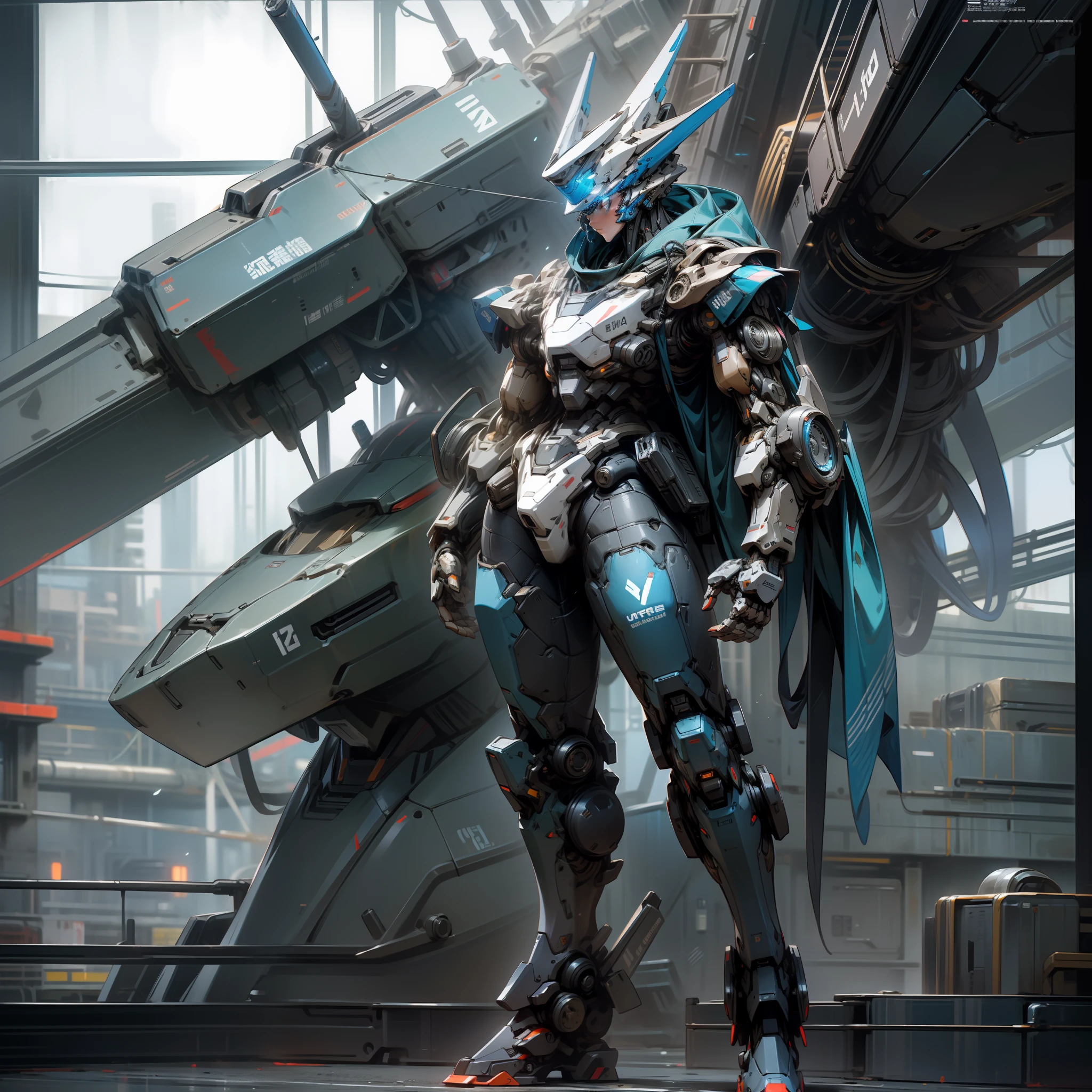 ultra - detailed,Ultra high quality,Cyberpunk style,Huge mech,Mechanical spear in hand,A mech with blue as the main color,There are red headlights on the chest,Full body photo,Standing on the sea
