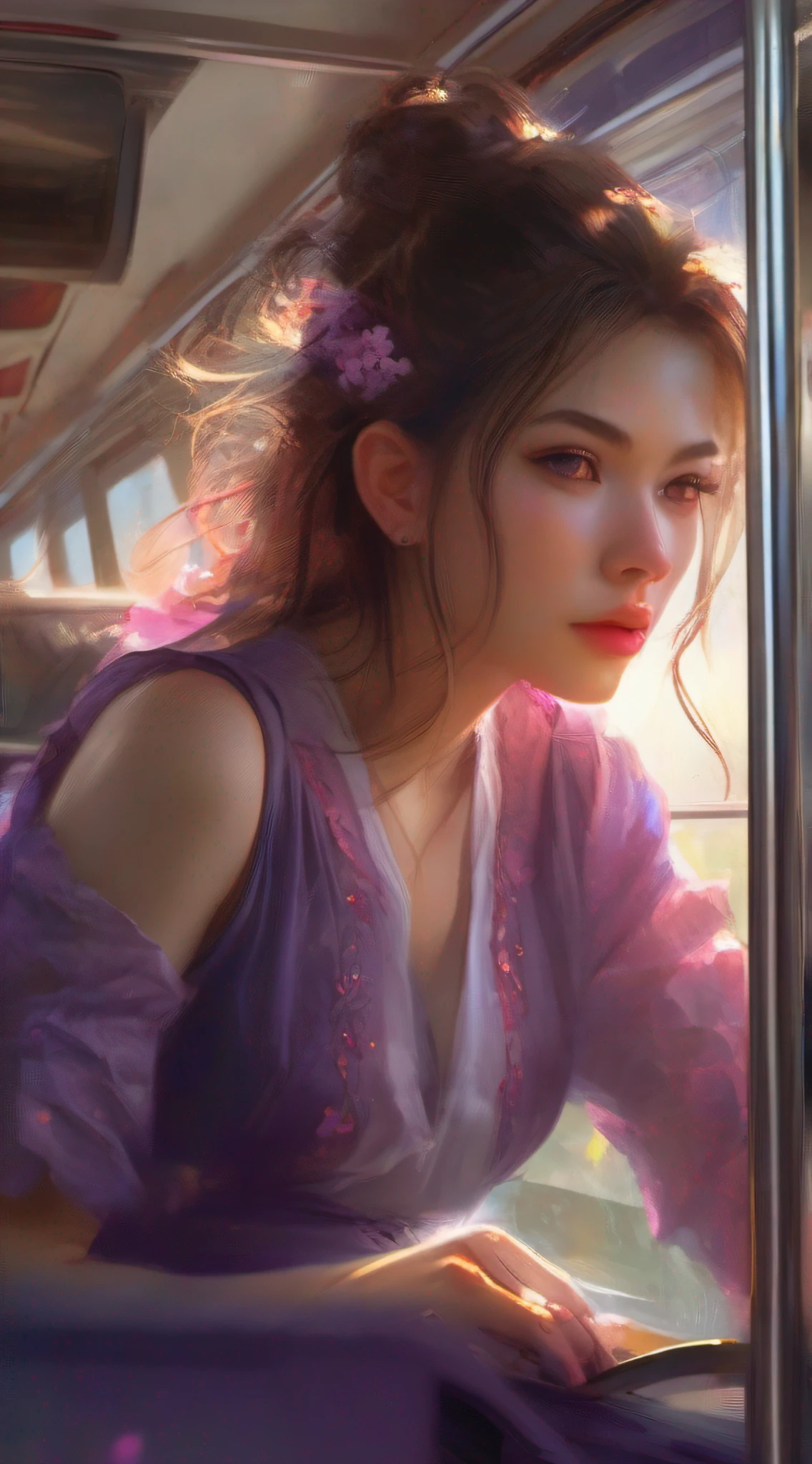 illustartions "bus", concept art by Pino Daeni, Jeremy Mann, Greg Rutkowski, Konstantin Razumov, Vladimir Volegov, Realistic close-up portrait, eun-ji playing electric guitar, sitting inside the bus, long purple hair, wearing vneck and mini skirt, clean face, sakura garden, epic cloud, sunrise, 4k, light reflected in the eyes, studio portrait, soft light, bezel lighting, bokeh background, picturesque, buff painting, (detailed faces:1. 3), (Detailed Eyes:1.3, 8K, HDR, RGB, Ultra-HD --ar 16:9 --q 5 --s 1000 --style raw