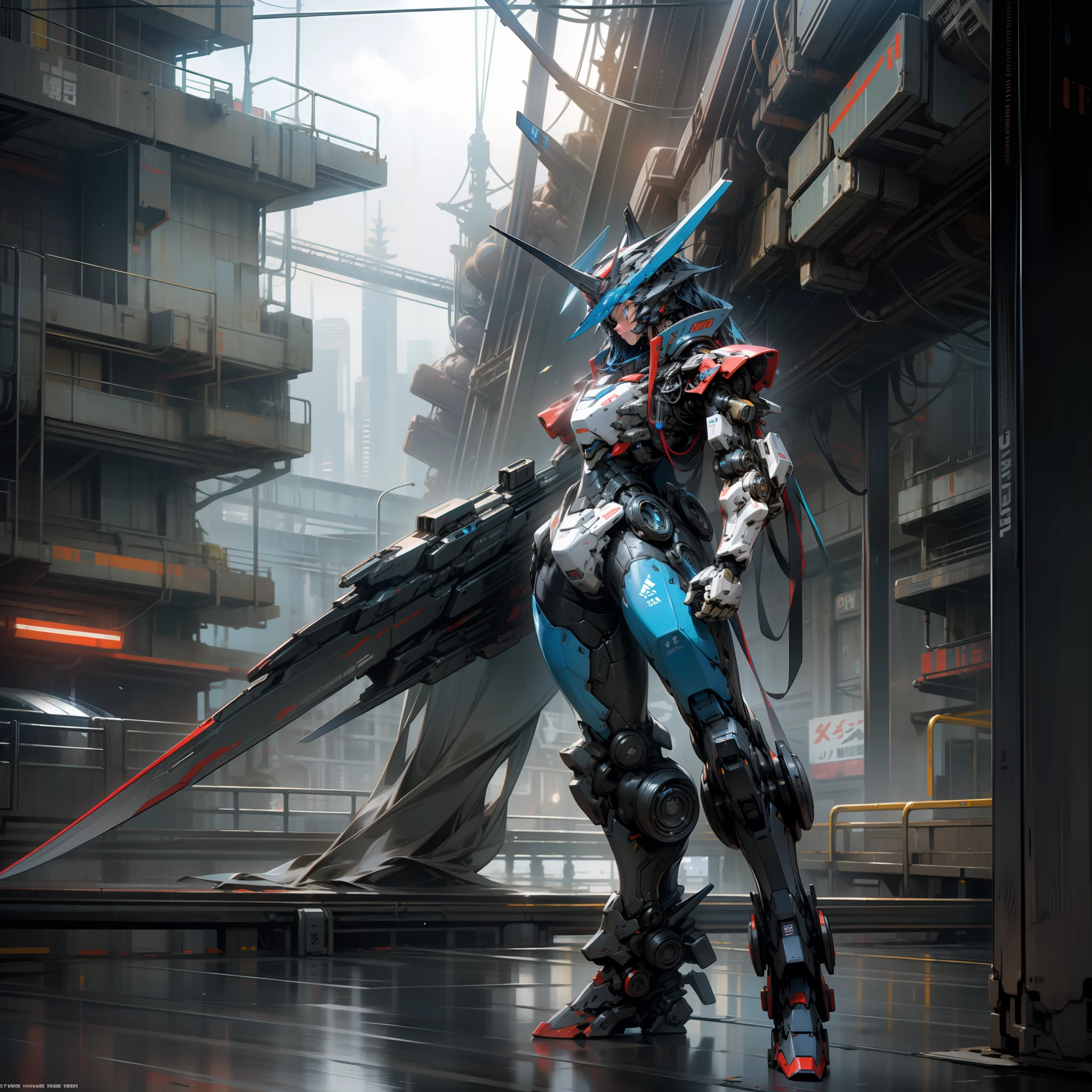 ultra - detailed,Ultra high quality,Cyberpunk style,Huge mech,Mechanical spear in hand,A mech with blue as the main color,There are red headlights on the chest,Full body photo,Standing on the sea