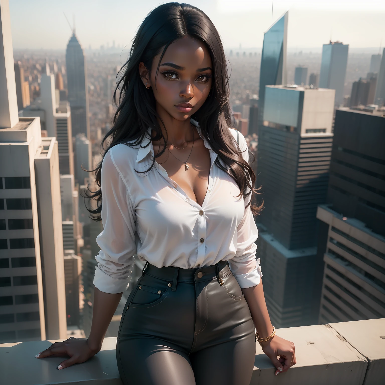 Pasagem Cidade (a young woman:1.2)| (a girl:1.1), dark skin, portrait, makeup, super detailed, modern style, city, direct look, contoured. The woman is in the right corner and has a panoramic view of the city. Focus on the city, woman is far away