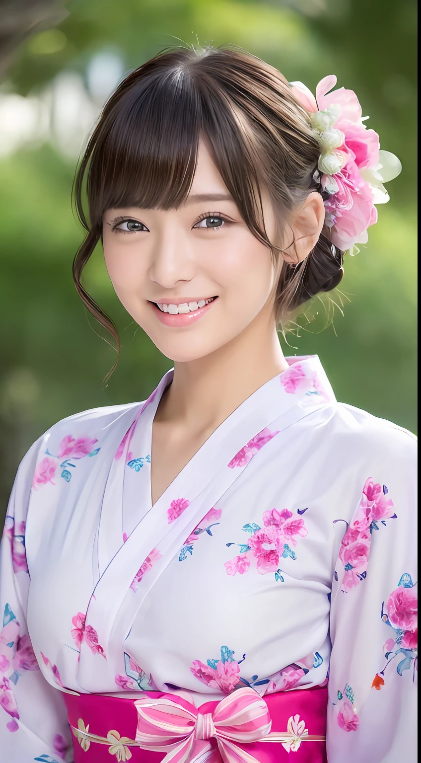 ((top-quality、8K、​masterpiece:1.3))、1girl in、(Casual Hairstyles、so short hair)、interiors、Super Detail Face、Delicat eyes、二重まぶた、A smile、Kawaii Yukata、Highly detailed upper body、Highly detailed lower body、(fully body photo)、Highly detailed yukata、Brightly colored yukata、