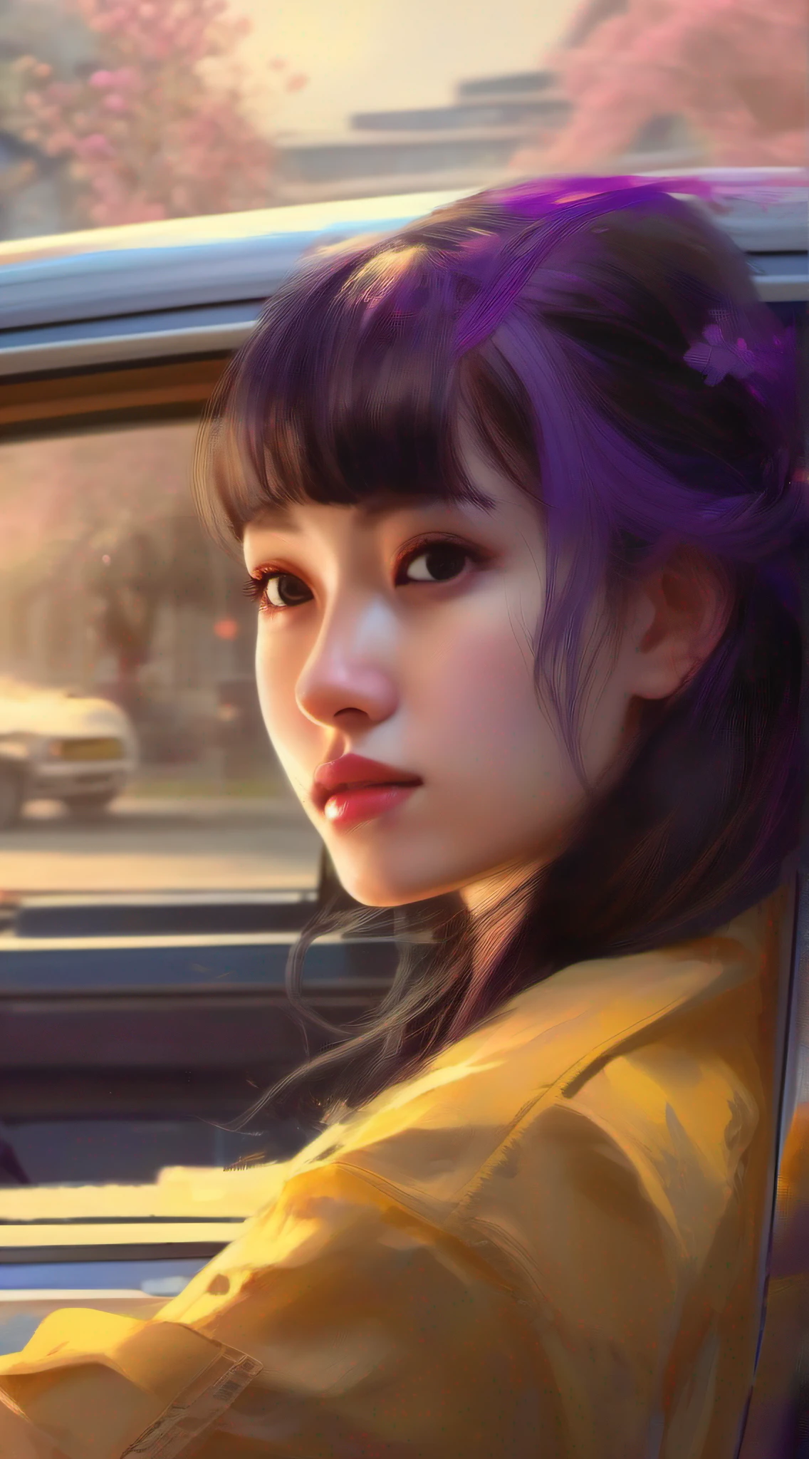 illustartions "bus", concept art by Pino Daeni, Jeremy Mann, Greg Rutkowski, Konstantin Razumov, Vladimir Volegov, Realistic close-up portrait, eun-ji playing electric guitar, sitting inside the bus, long purple hair, wearing vneck and mini skirt, clean face, sakura garden, epic cloud, sunrise, 4k, light reflected in the eyes, studio portrait, soft light, bezel lighting, bokeh background, picturesque, buff painting, (detailed faces:1. 3), (Detailed Eyes:1.3, 8K, HDR, RGB, Ultra-HD --ar 16:9  --q 5 --s 1000 --style raw