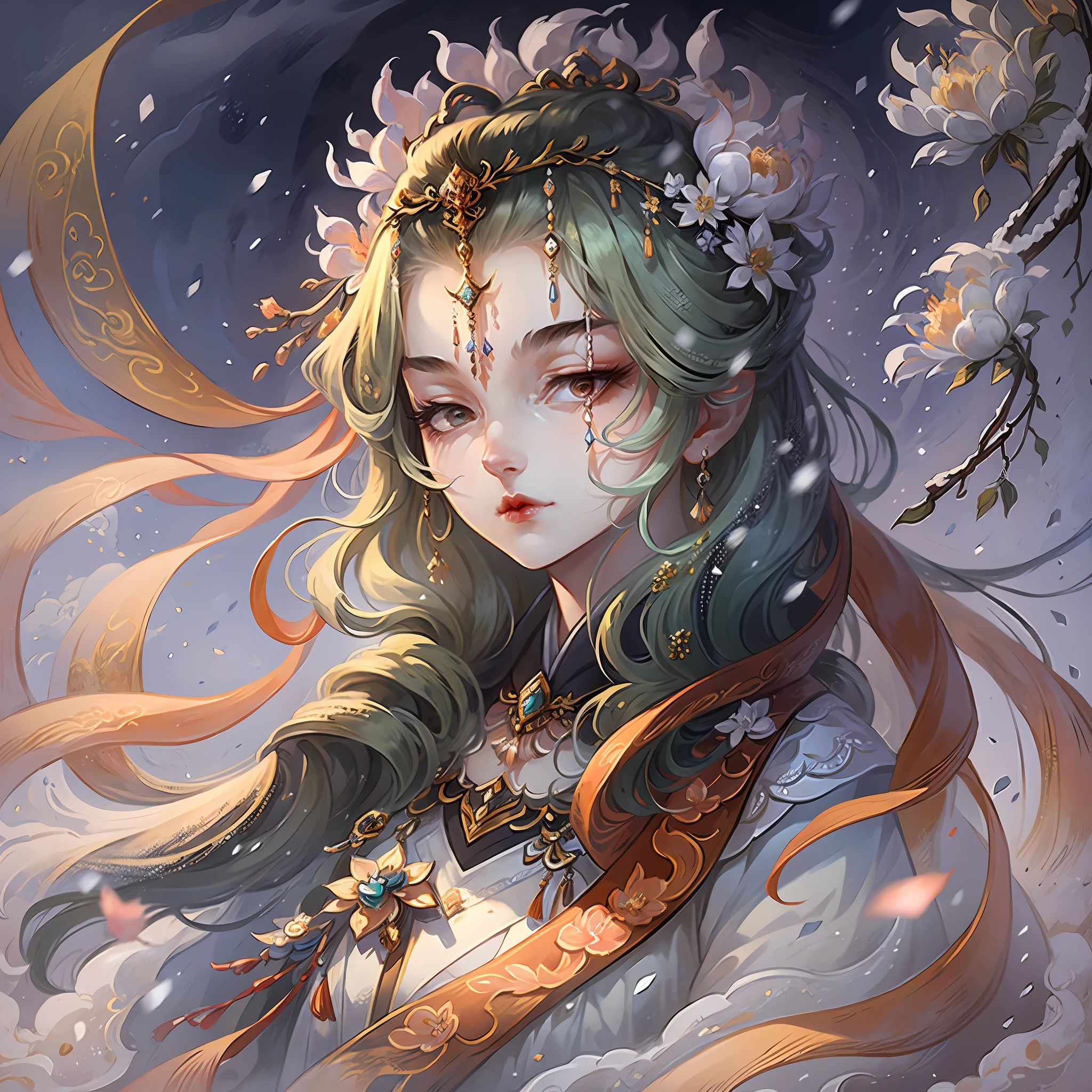 high high quality,tmasterpiece,Delicate facial features,Delicate hair,Delicate eyes,Ancient Style Girl,softlighting,High Picture Quality,volumettic light,peach blossom,Peach blossom background,ancient wind,Long black hair,Silver hairpin,Luxurious tiara,Red costume,Gentle sweet girl,In heavy snow,snow covered,Antique atmosphere,ellegance,floated hair,pastel colour,highly detailed soft lighting,8k high quality detailed art Chinese costume, with acient chinese clothes, Traditional beauty, Chinese style(faeries)(Delicate facial portrayal)(Fine hair portrayal)(highest quality)(Master masterpieces)(High degree of completion)(a sense of atmosphere)8k wallpaper,tmasterpiece,Best quality at best,ultra - detailed ,Epic composition,