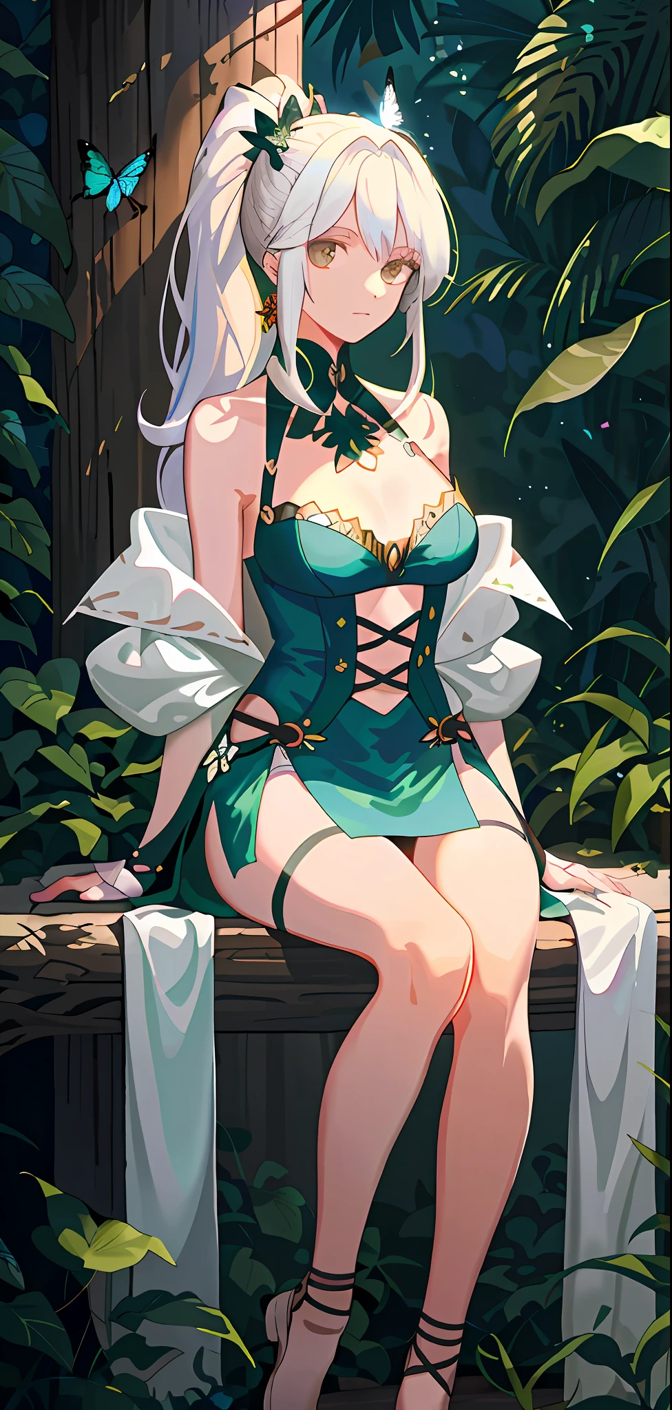 （tmasterpiece，best qualtiy），1 white-haired girl sitting on a tree，Surrounded by butterflies and leaves，fresh flowers，High ponytail，Metal hairpin，Dark green bandeau，Flatter chest，Bandages on the feet，Brown shoes，metal decoration，Brown shawl，Dark green gradient cape