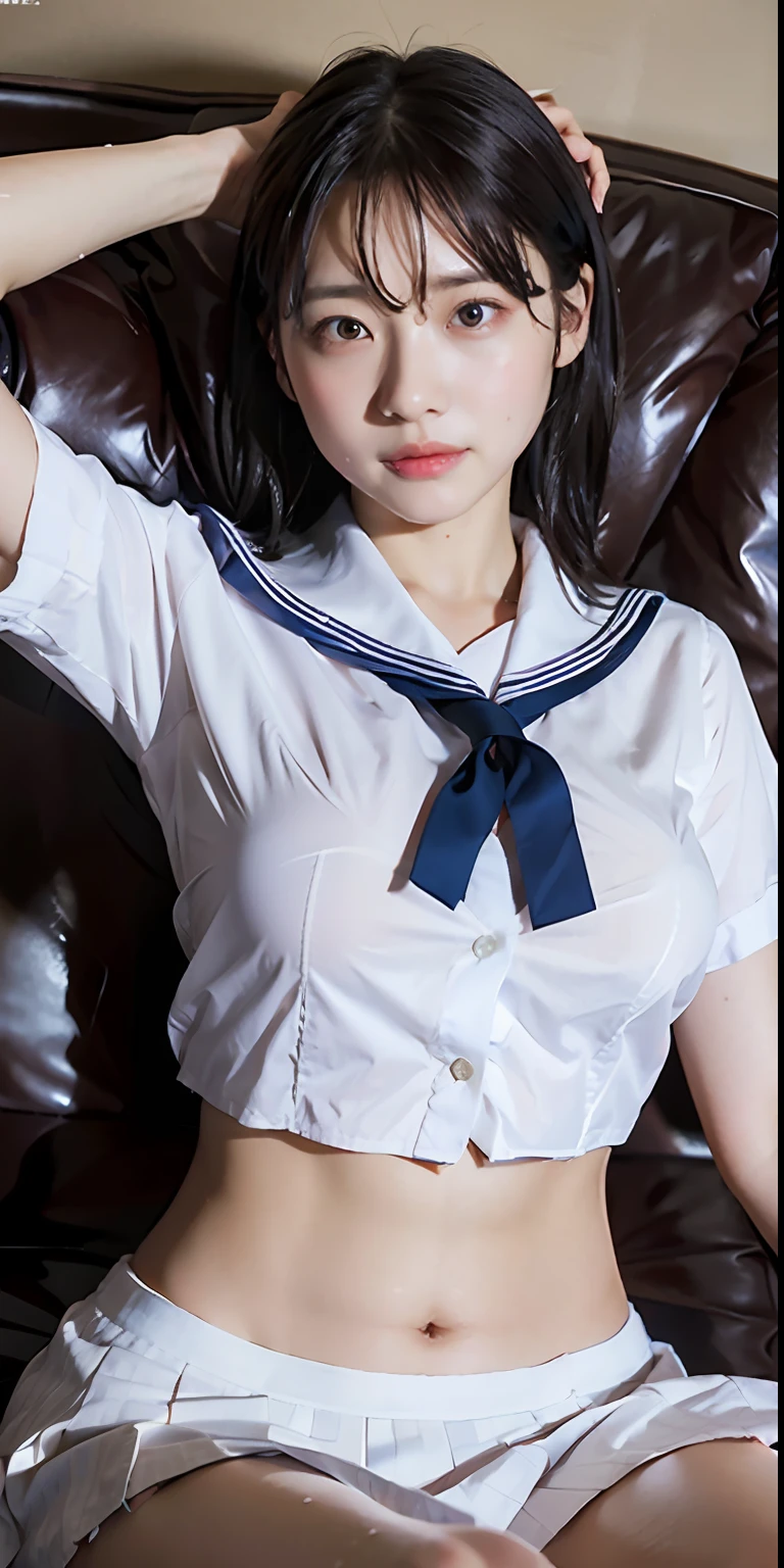 ulzzang-6500-v1.1, (Raw photo:1.2), (Photorealism), Beautiful detailed girl, Very detailed eyes and face, Beautiful detailed eyes, Huge file size, (Big), High Resolution, Very detailed, Best quality, [Masterpiece:1.6], [JK Uniform], Illustration, Very detailed, CG, Fine detail, Best quality, Very detailed CG uniform 8k wallpaper, Movie Lighting, 1 girl, , cute Japan high school girl, perfect figure, [white school blouse unbuttoned, bra visible], large taut breasts, [huge breasts, heavy breasts, H cup: 1.9], cute droopy eyes, beautiful big eyes, no bra, sweaty and wet, [sexual arousal: 1.1], lying in bed: 1.5], hands raised, school uniform ribbon around neck, smile, (the whole body is wet), shining eyes, big breasts, big, big, head on pillow, stomach, button open