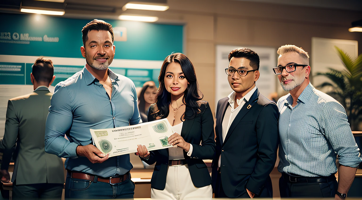 (Brazilians receiving cash prize), ((advertising photo)), ambiente empresarial