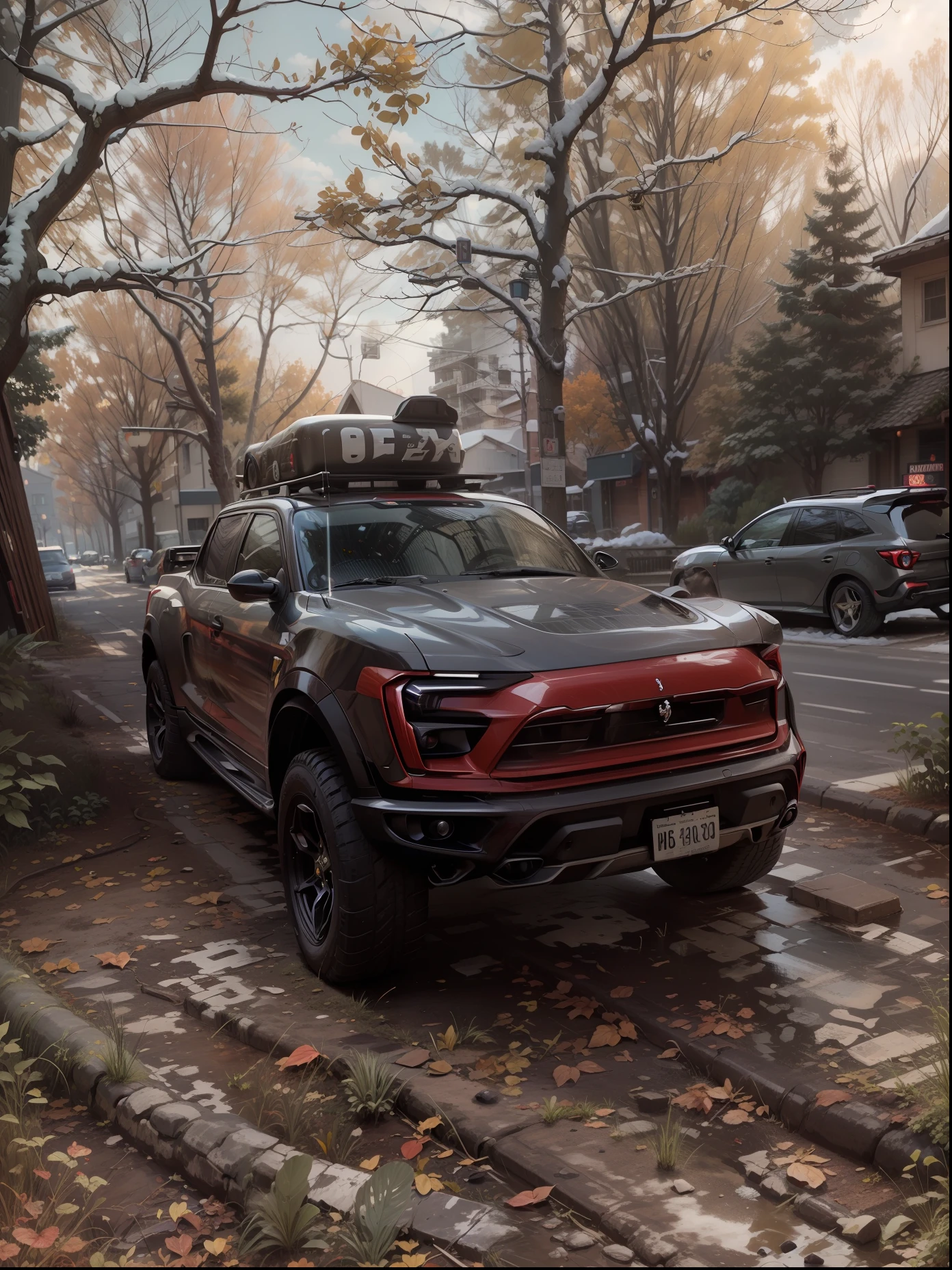 UP vehicle, in Ferrari red color, with sports wheels rim 17, tires 215, lowered, with chrome exhaust, dark windows, with a drawing of a horse on the hood, high resolution