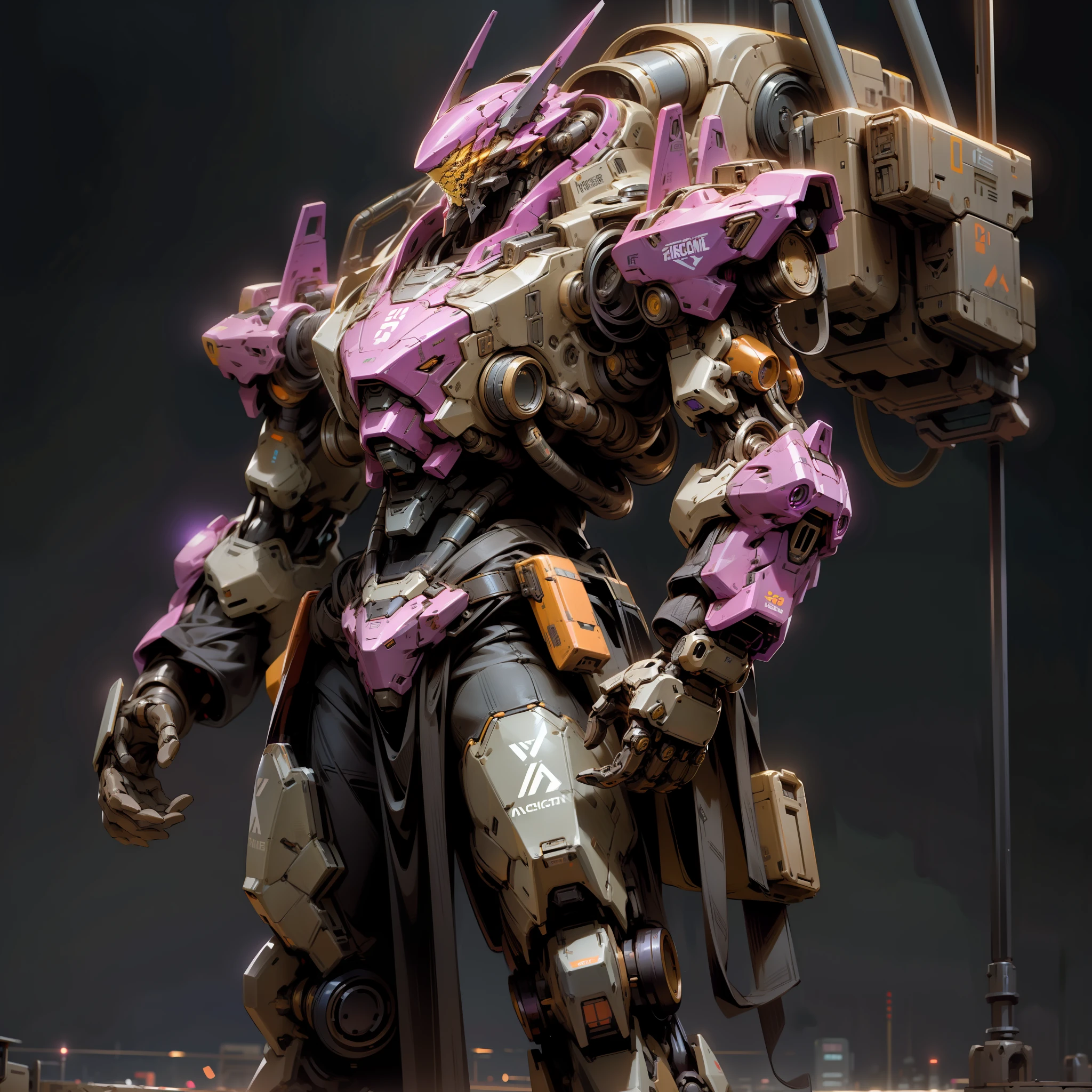 intricately details，（cyber punk perssonage：1.4），machine arm，（Glowing neon armor：1.2），Machinary，with black background，Purple mech，standing in desert