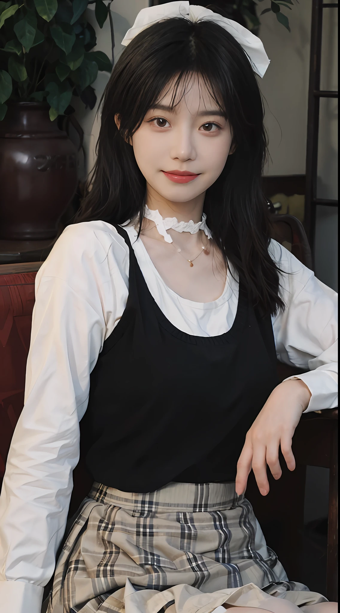 best qualtiy, 超高分辨率, (realisticlying:1.4), Baoyu Girl, Black long straight,A pair of clear and moving peach blossom eyes,Royal Sister,校服,sunshine on face,(choker necklace:1.2),(Fair skin:1.8),a sense of atmosphere,a beauty girl, ssmile,head straight-looking at viewer, closeup cleavage ,(Photorealistic:1.4),JK,white shirt,yellow bow,neck bowtie,Yellow skirt,Plaid skirts,pleatedskirt,