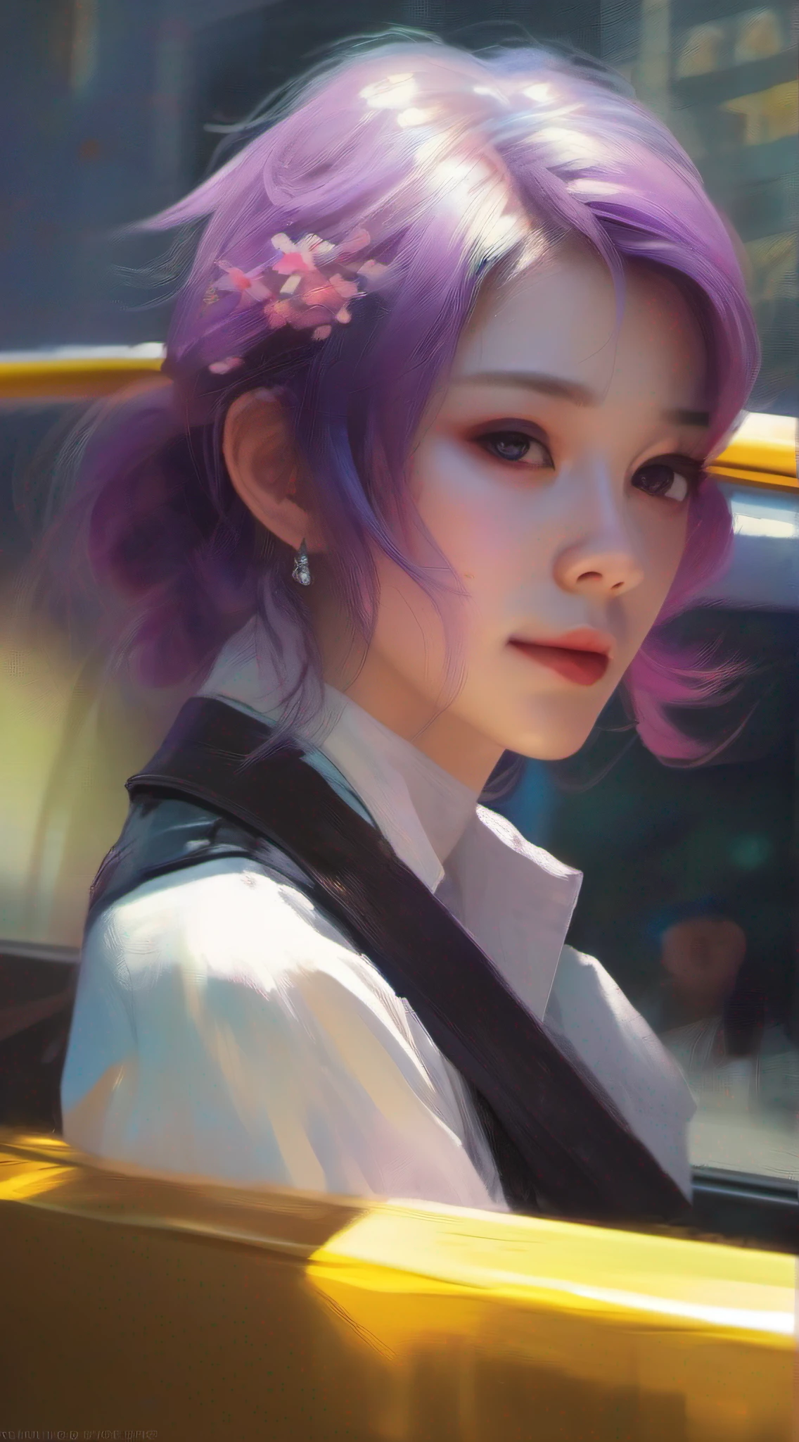 illustartions "bus", concept art by Pino Daeni, Jeremy Mann, Greg Rutkowski, Konstantin Razumov, Vladimir Volegov, Realistic close-up portrait, eun-ji playing electric guitar, sitting inside the bus, long purple hair, wearing vneck and mini skirt, clean face, sakura garden, epic cloud, sunrise, 4k, light reflected in the eyes, studio portrait, soft light, bezel lighting, bokeh background, picturesque, buff painting, (detailed faces:1. 3), (Detailed Eyes:1.3, 8K, HDR, RGB, Ultra-HD --ar 16:9 --q 5 --s 1000 --style raw