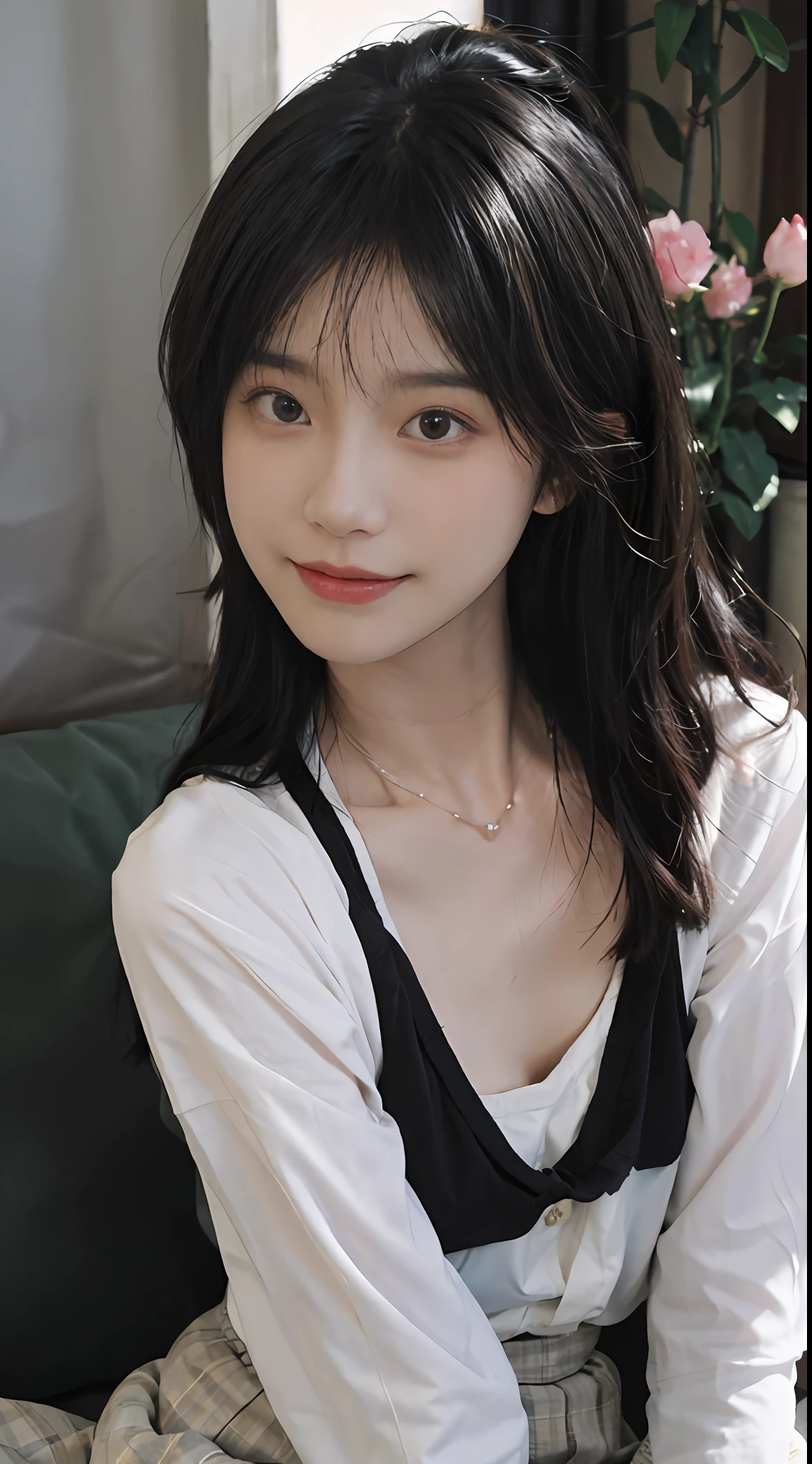 best qualtiy, 超高分辨率, (realisticlying:1.4), Baoyu Girl, Black long straight,A pair of clear and moving peach blossom eyes,Royal Sister,校服,sunshine on face,(choker necklace:1.2),(Fair skin:1.8),a sense of atmosphere,a beauty girl, ssmile,head straight-looking at viewer, closeup cleavage ,(Photorealistic:1.4),JK,white shirt,yellow bow,neck bowtie,Yellow skirt,Plaid skirts,pleatedskirt,