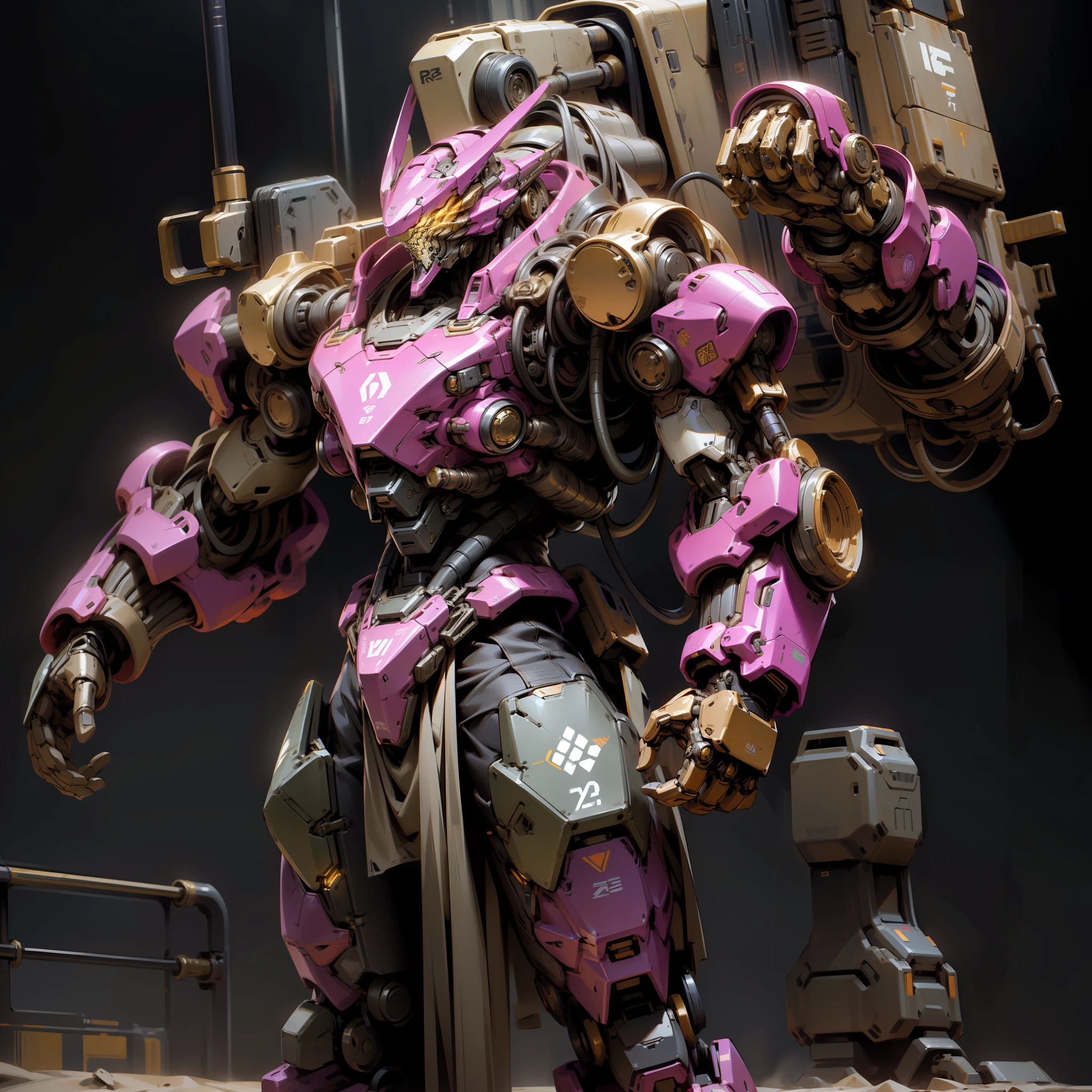 intricately details，（cyber punk perssonage：1.4），machine arm，（Glowing neon armor：1.2），Machinary，with black background，Purple mech，standing in desert
