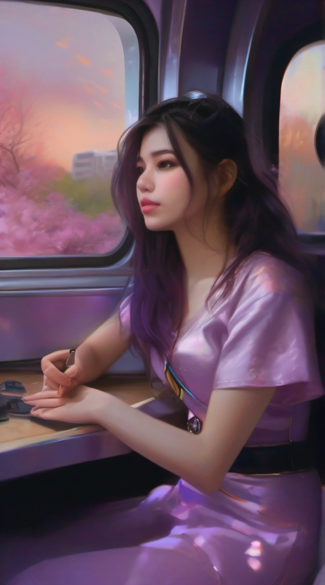 illustartions "bus", concept art by Pino Daeni, Jeremy Mann, Greg Rutkowski, Konstantin Razumov, Vladimir Volegov, Realistic close-up portrait, eun-ji playing electric guitar, sitting inside the bus, long purple hair, wearing vneck and mini skirt, clean face, sakura garden, epic cloud, sunrise, 4k, light reflected in the eyes, studio portrait, soft light, bezel lighting, bokeh background, picturesque, buff painting, (detailed faces:1. 3), (Detailed Eyes:1.3, 8K, HDR, RGB, Ultra-HD --ar 16:9 --q 5 --s 1000 --style raw