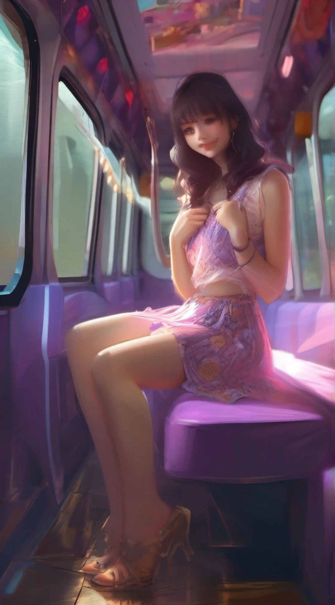 illustartions "bus", concept art by Pino Daeni, Jeremy Mann, Greg Rutkowski, Konstantin Razumov, Vladimir Volegov, Realistic close-up portrait, eun-ji playing electric guitar, sitting inside the bus, long purple hair, wearing vneck and mini skirt, clean face, sakura garden, epic cloud, sunrise, 4k, light reflected in the eyes, studio portrait, soft light, bezel lighting, bokeh background, picturesque, buff painting, (detailed faces:1. 3), (Detailed Eyes:1.3, 8K, HDR, RGB, Ultra-HD --ar 16:9  --q 5 --s 1000 --style raw