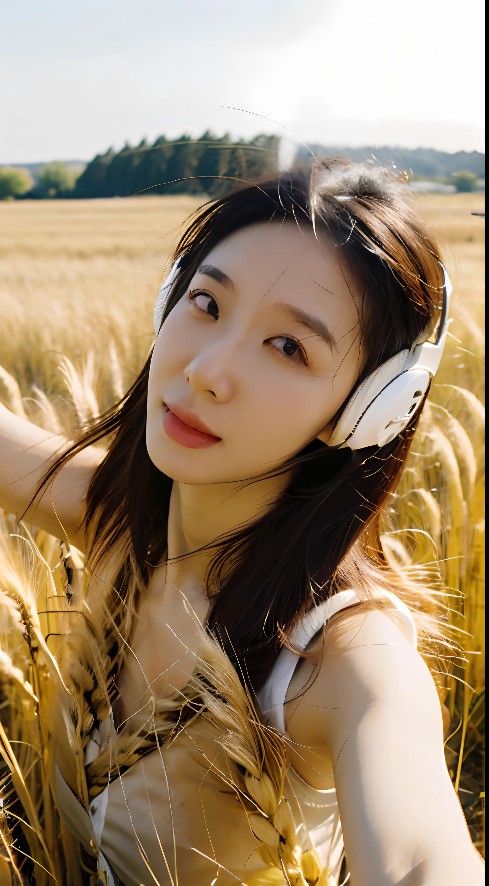 Best quality, masterpiece, super high resolution, (realistic: 1.4), original photo, head photo, skin, simple background, black eyes, detail, selfie, 1 girl, headphones, wheat field, stretch body, enjoy