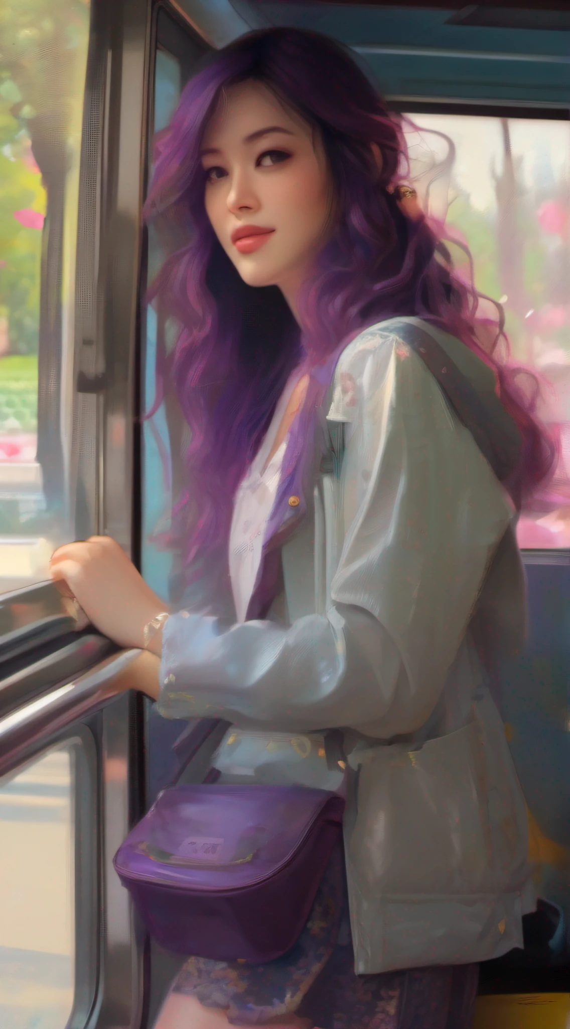 illustartions "bus", concept art by Pino Daeni, Jeremy Mann, Greg Rutkowski, Konstantin Razumov, Vladimir Volegov, Realistic close-up portrait, eun-ji playing electric guitar, sitting inside the bus, long purple hair, wearing vneck and mini skirt, clean face, sakura garden, epic cloud, sunrise, 4k, light reflected in the eyes, studio portrait, soft light, bezel lighting, bokeh background, picturesque, buff painting, (detailed faces:1. 3), (Detailed Eyes:1.3, 8K, HDR, RGB, Ultra-HD --ar 16:9 --q 5 --s 1000 --style raw