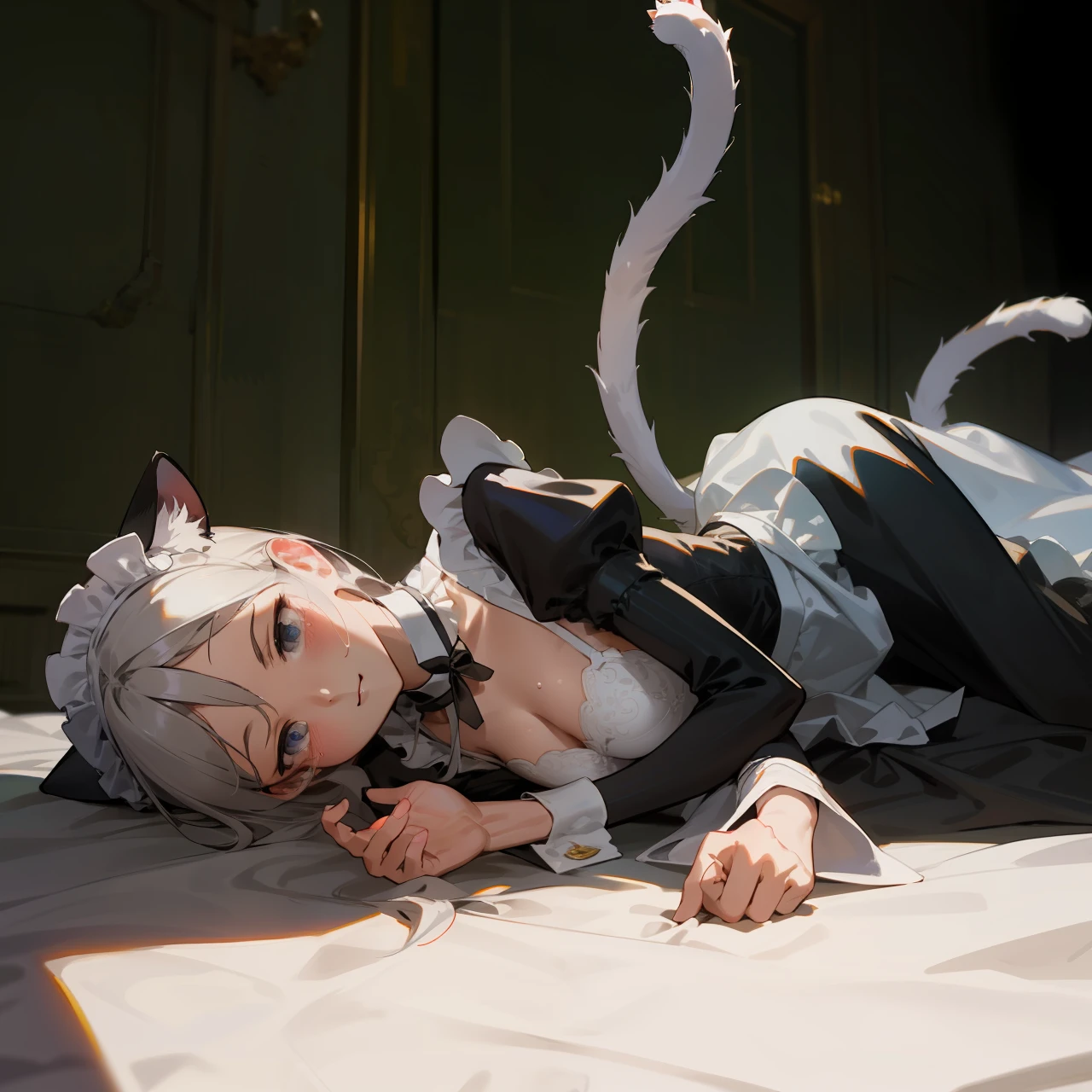Two-dimensional white silk maid pretending to be a cat lady lying in a dimly lit room with teary breasts in the corners of her eyes