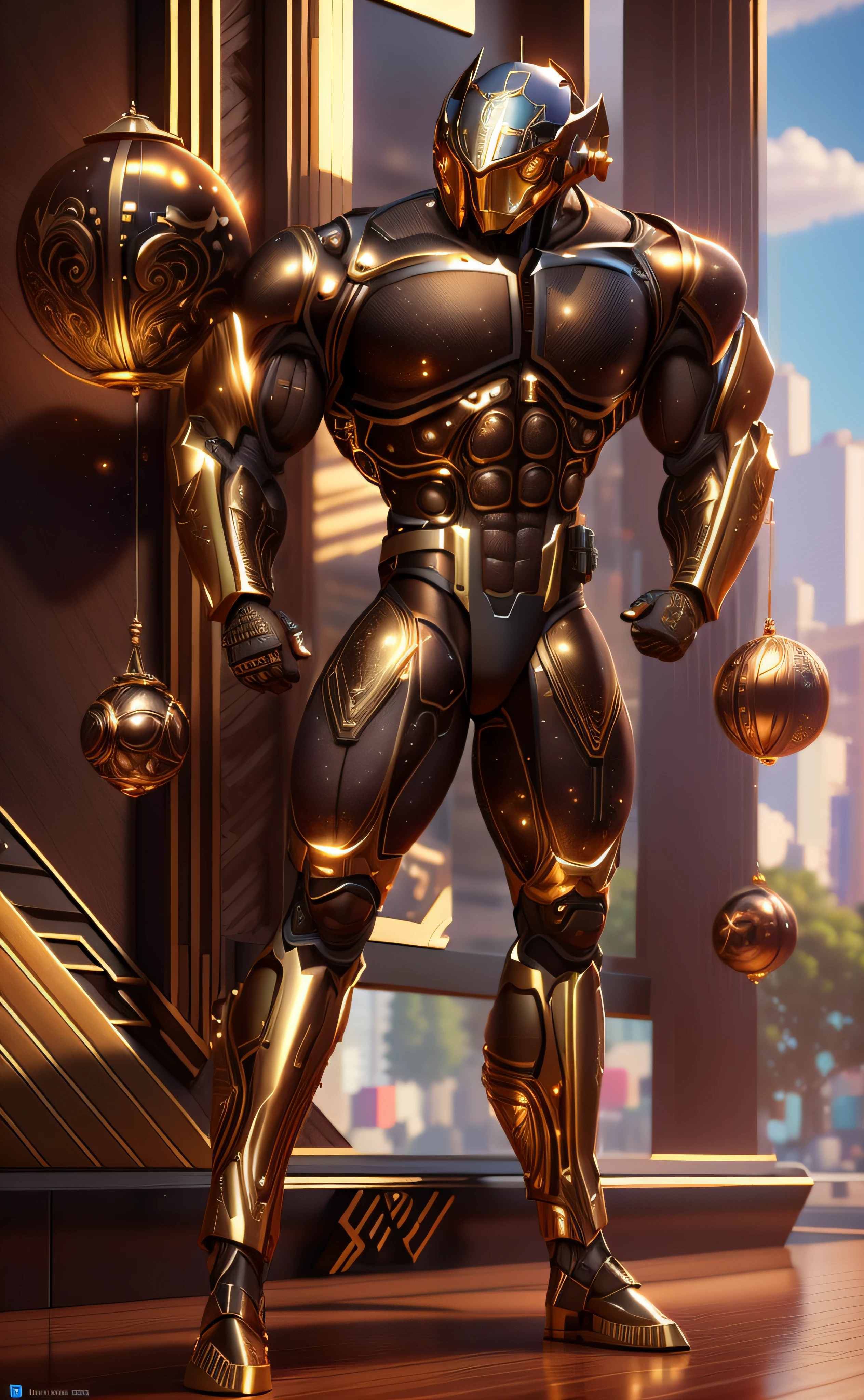 um homem musculoso, preto com dourado, 3D-rendering, Hyper-realistic graphics, 3D-rendering, 8k, NVIDIA, RTX 4090 | |, ray tracing, Bokeh, Galaxy scenery,